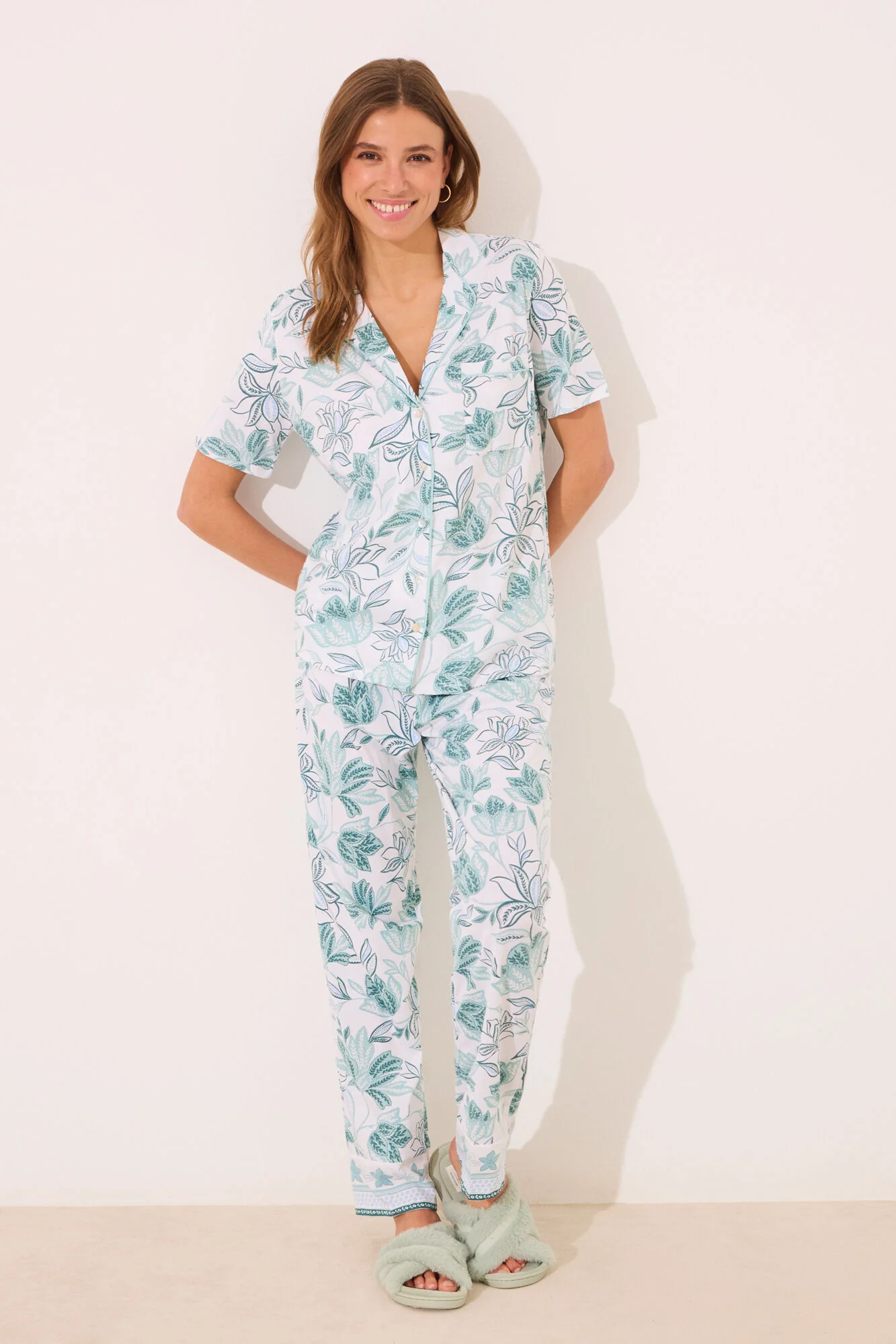 100% cotton classic pyjamas with green flowers