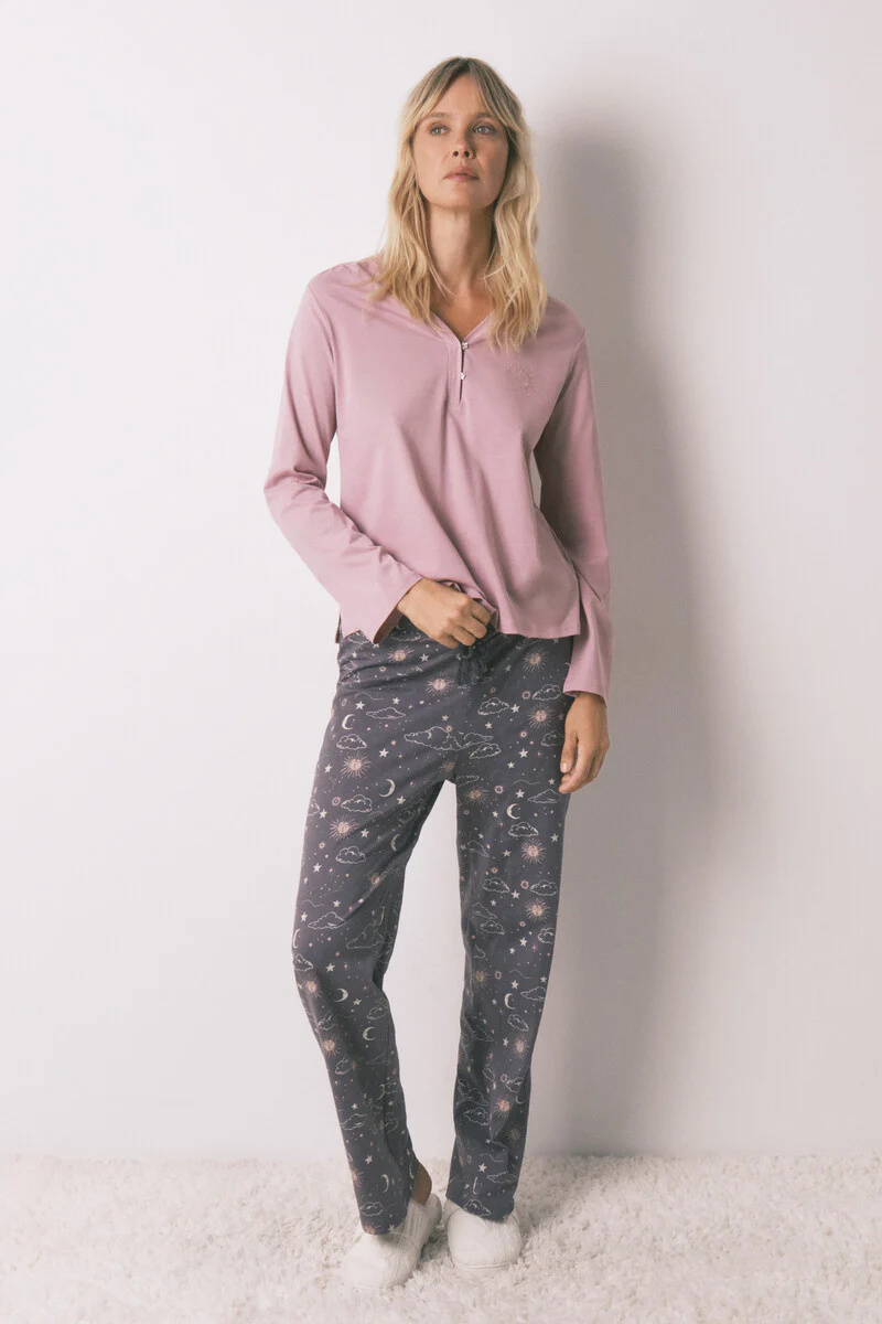 100% cotton long trouser with astral print