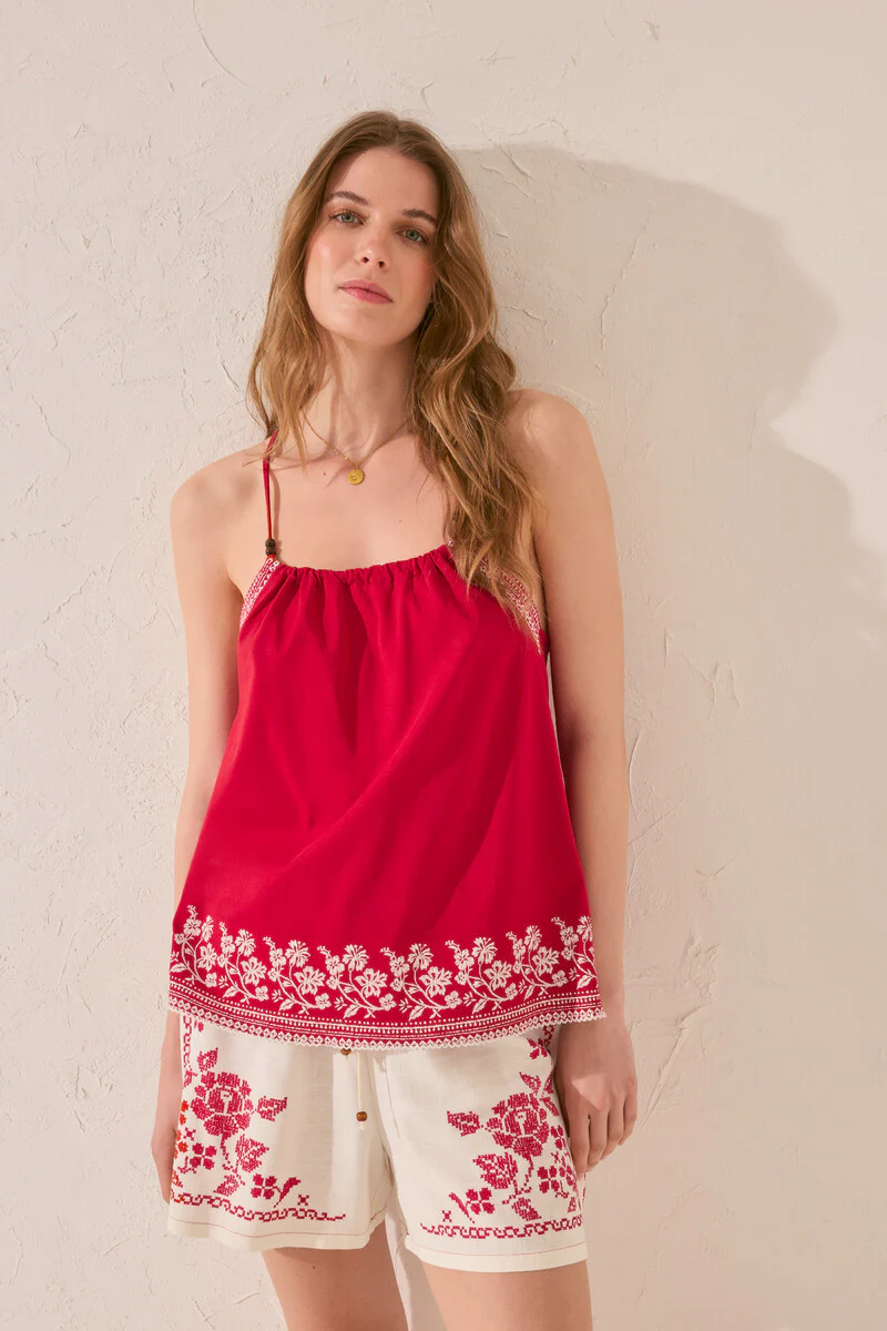 100% cotton red embroidered vest top - Image 3