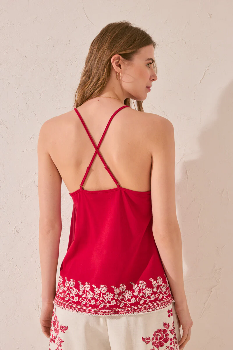 100% cotton red embroidered vest top - Image 7
