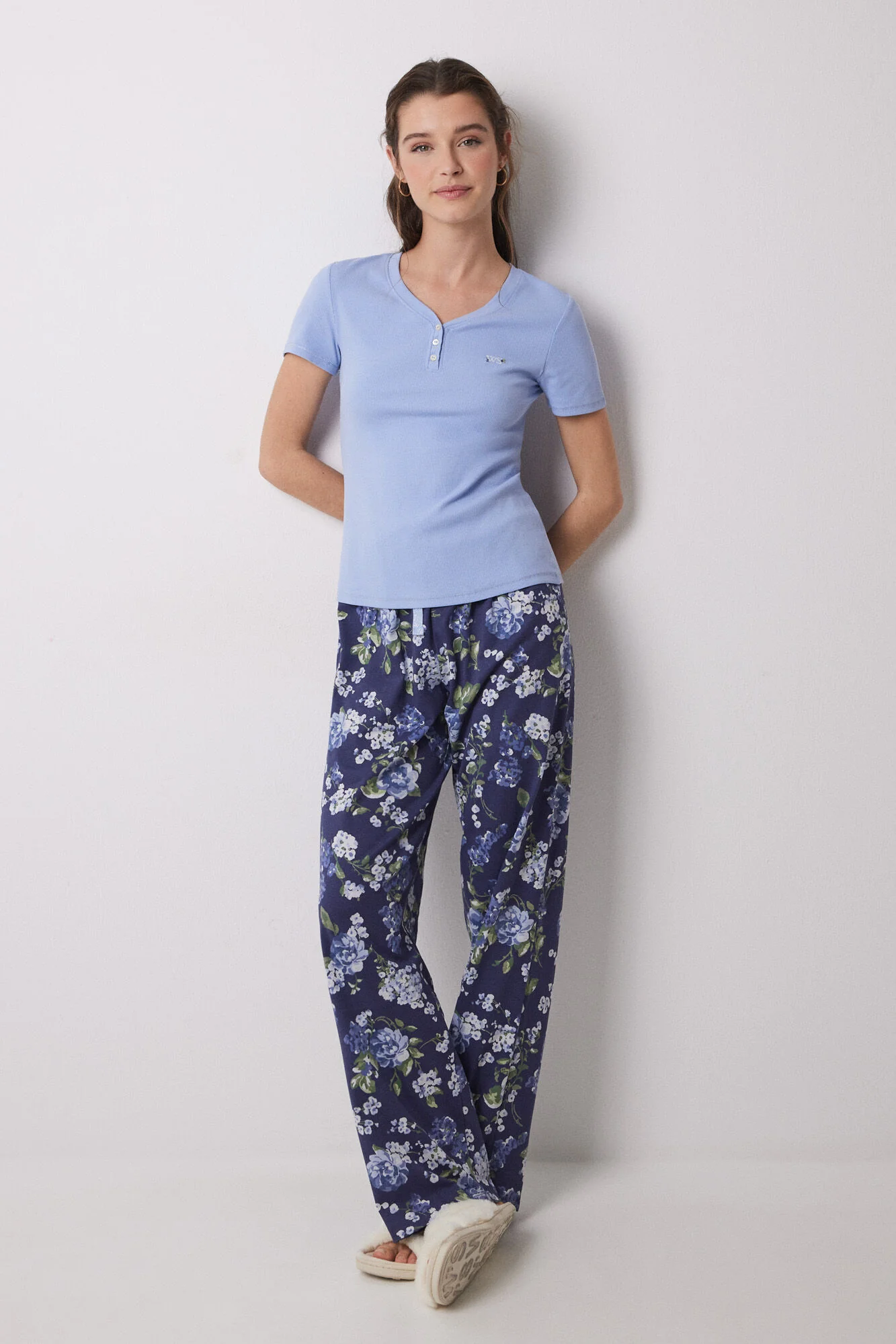 100% cotton ribbed pajamas with blue flowers
