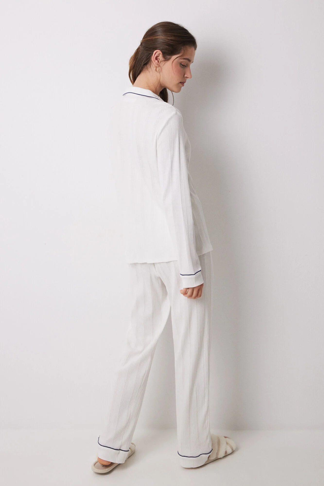 100% cotton white ribbed shirt pajamas - Image 2
