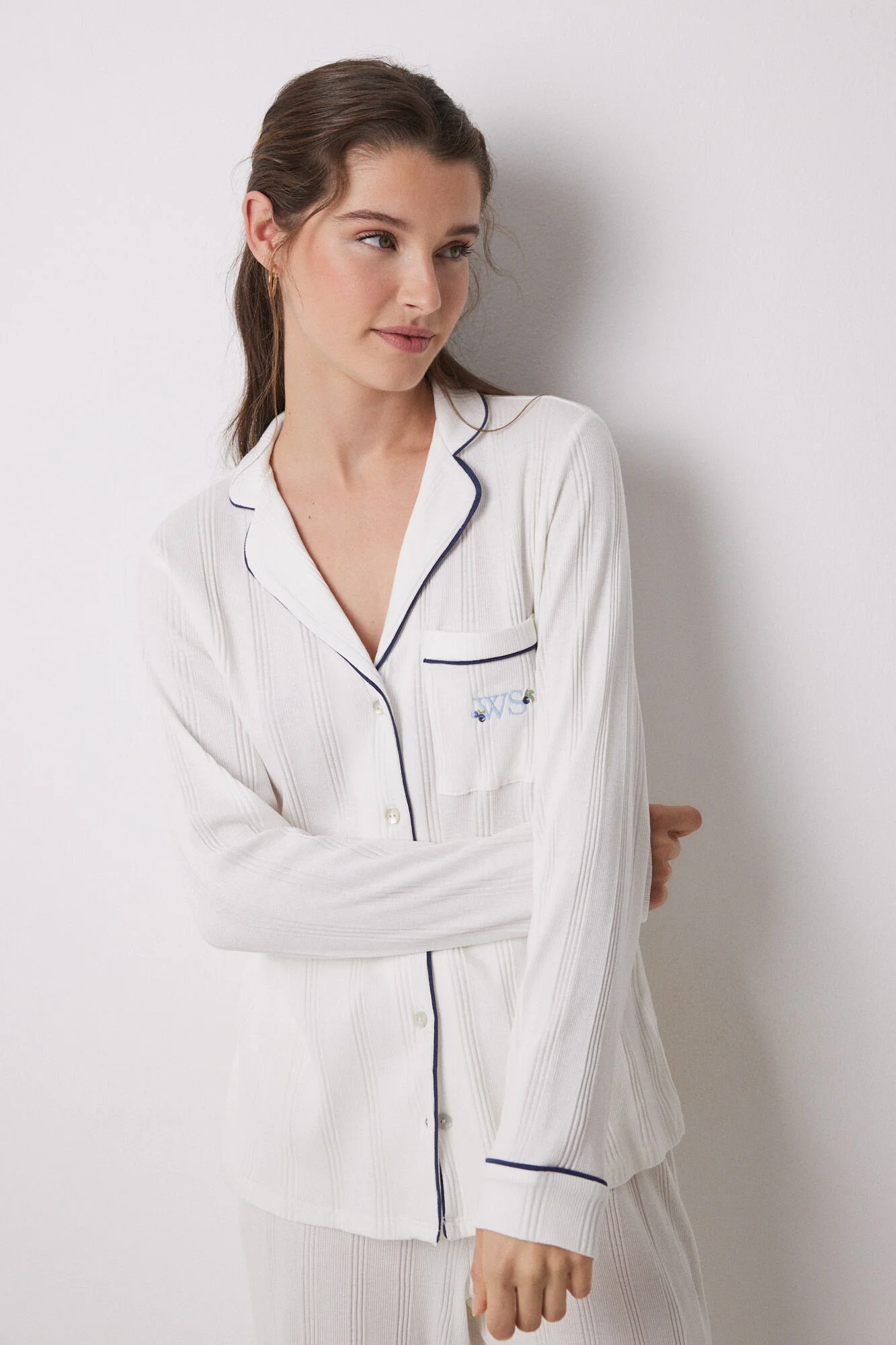 100% cotton white ribbed shirt pajamas - Image 4