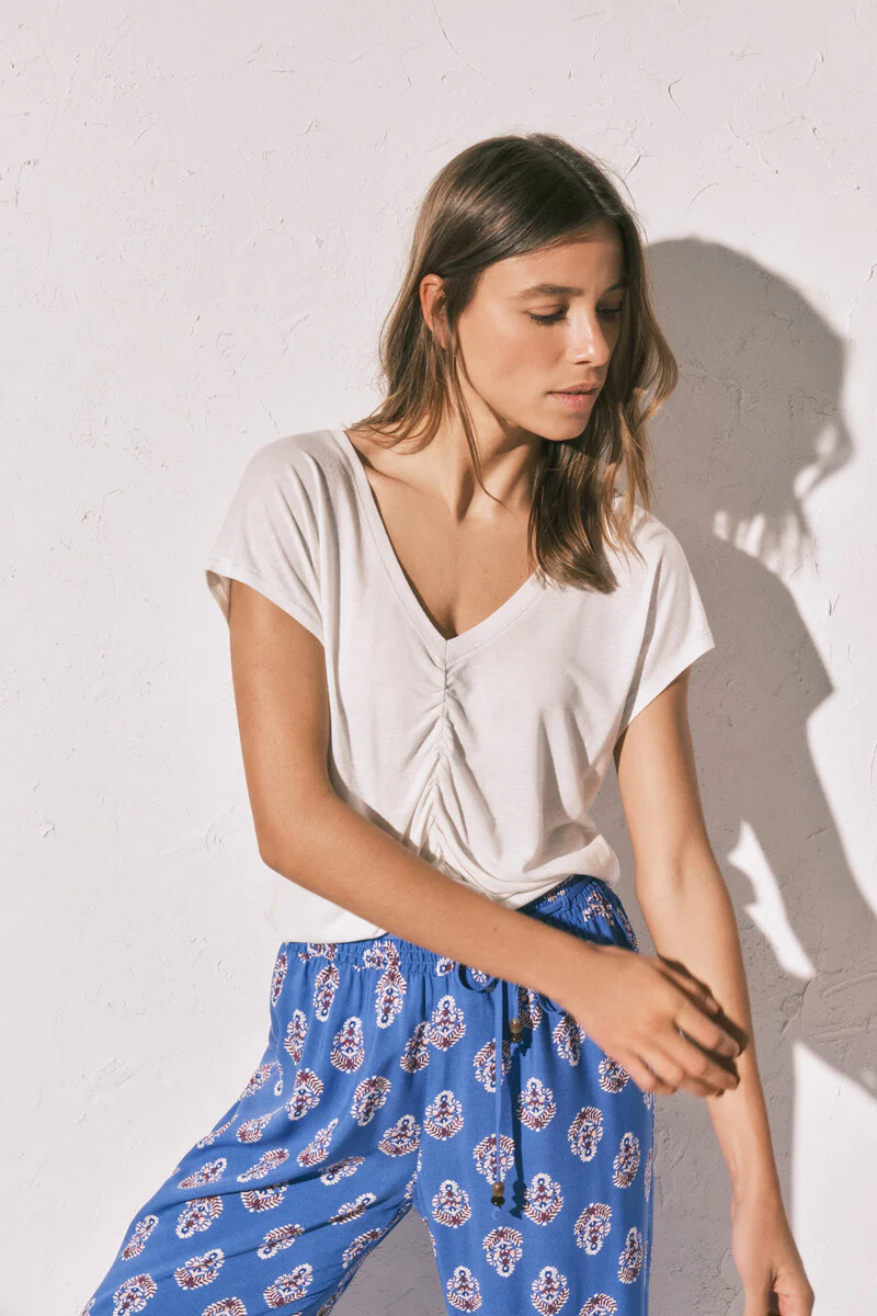 Beige viscose linen cropped t-shirt
