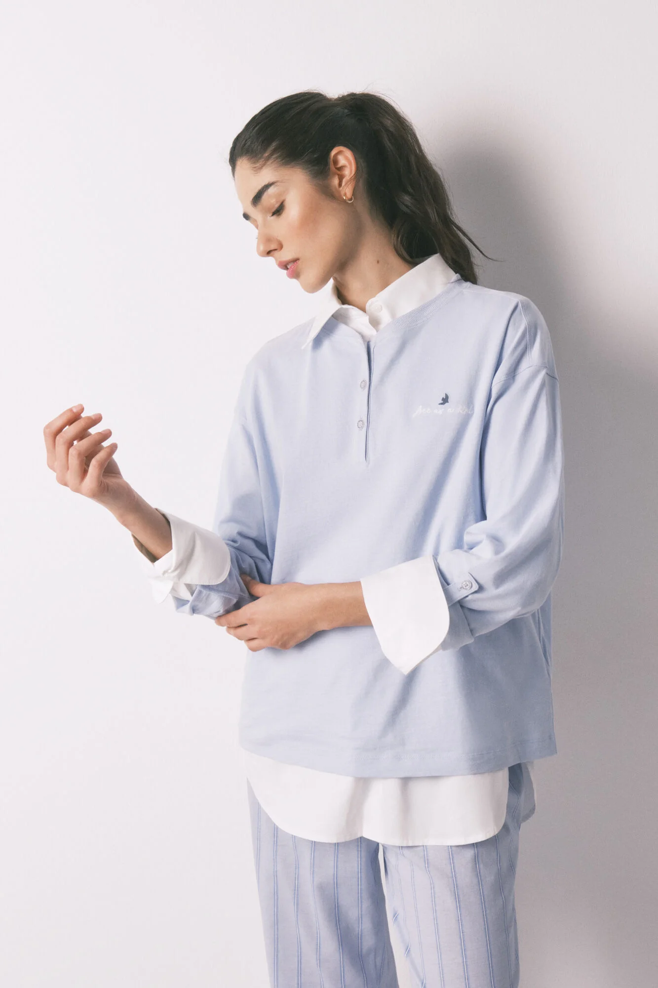 Blue 100% cotton long sleeve T-shirt