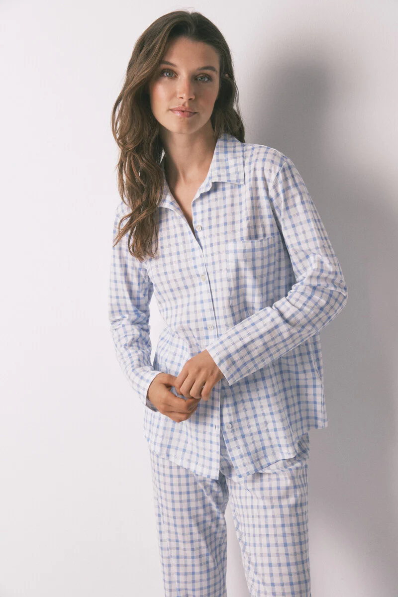 Blue checked cotton classic pyjamas - Image 3