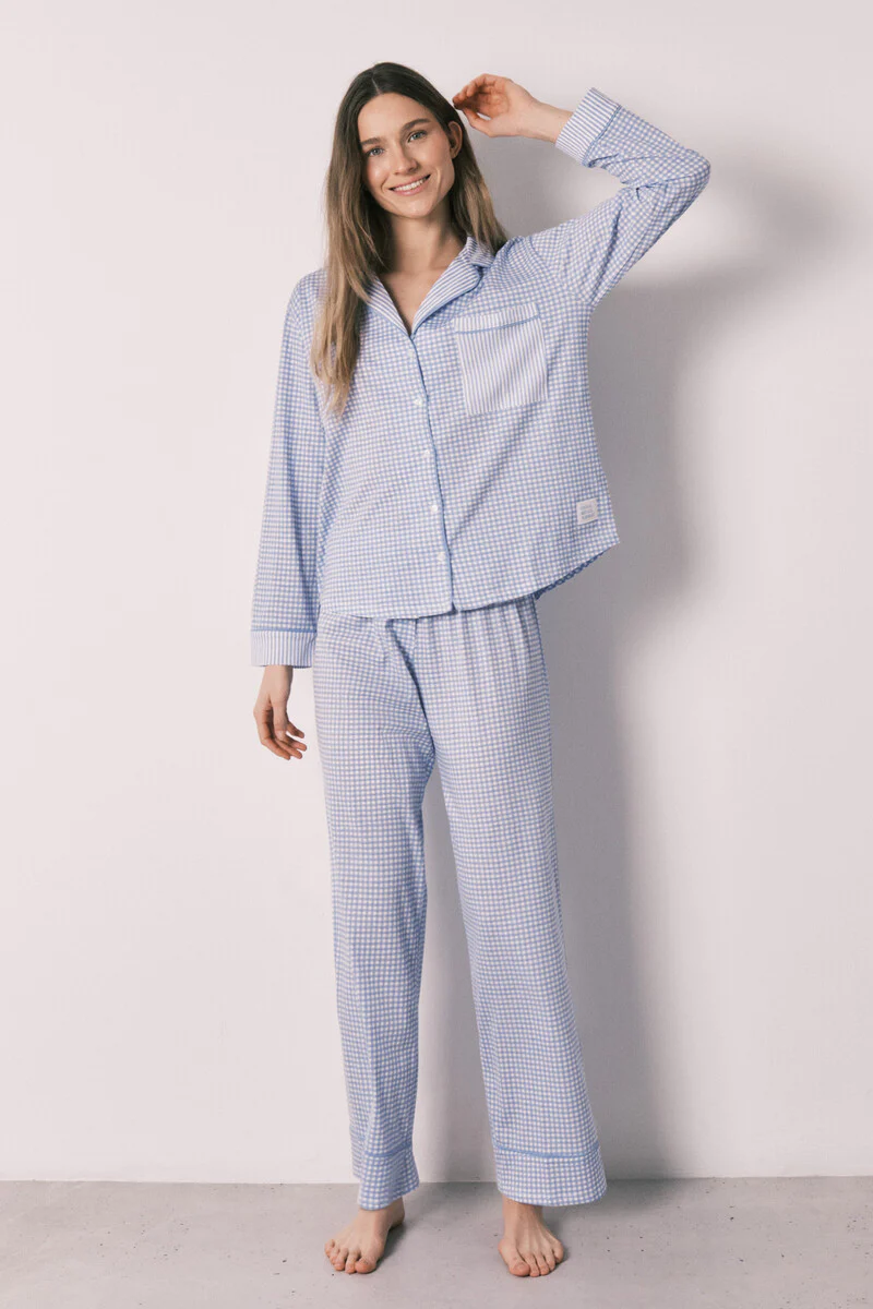 Blue cotton classic long gingham print pyjamas - Image 3