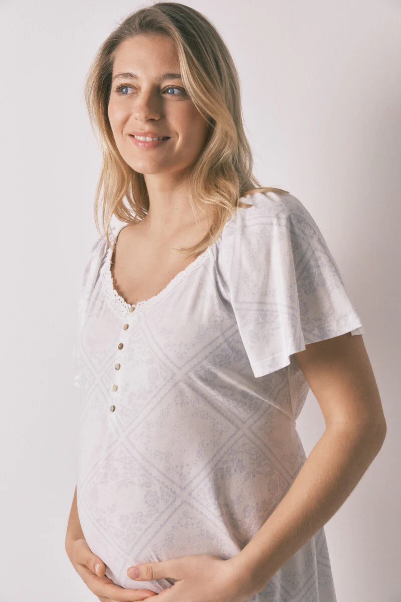 Blue cotton maternity nightgown with ruffle