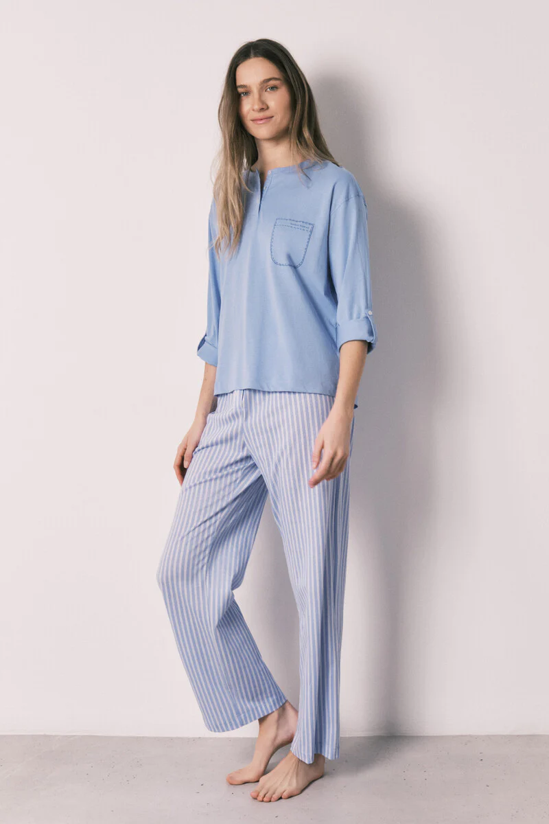 Blue cotton striped long pyjama - Image 3