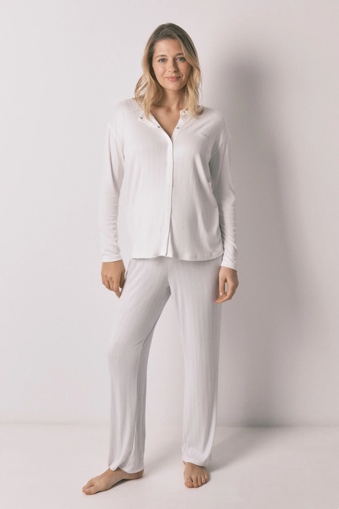 Blue jersey-knit long maternity pyjamas