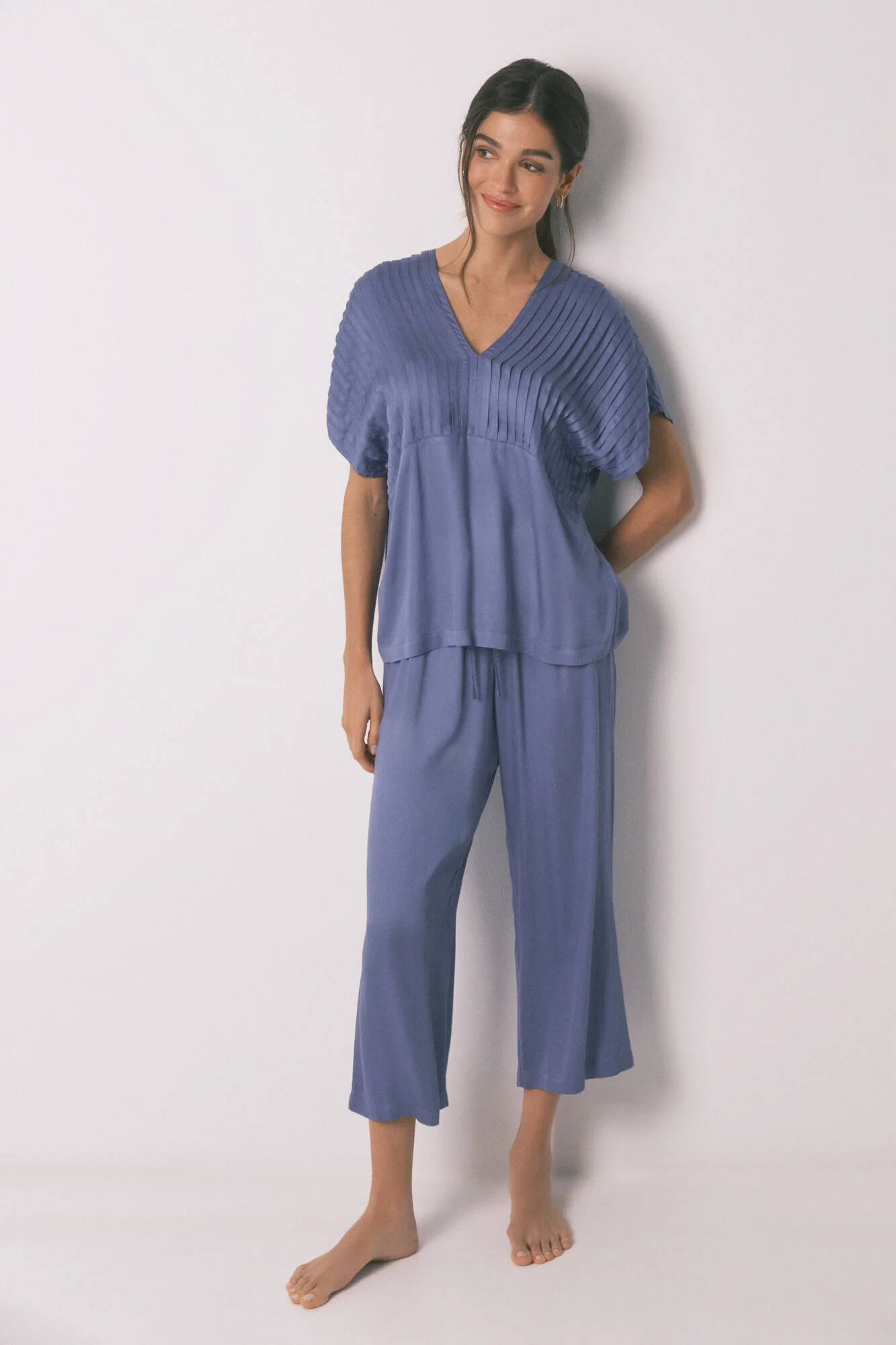 Blue long pyjamas with pleated neckline