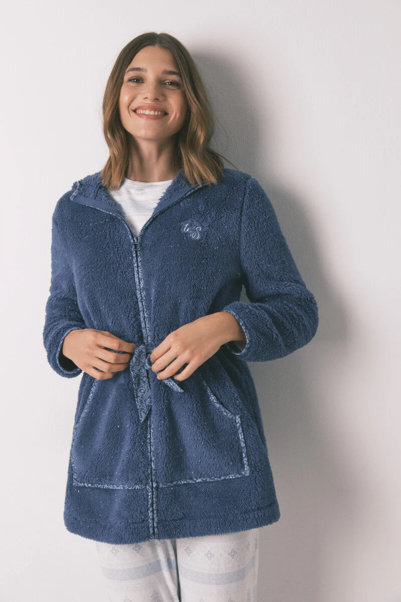 Blue lurex fleece hood midi robe