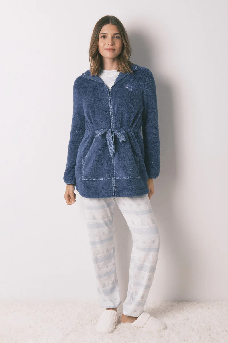 Blue lurex fleece hood midi robe - Image 2