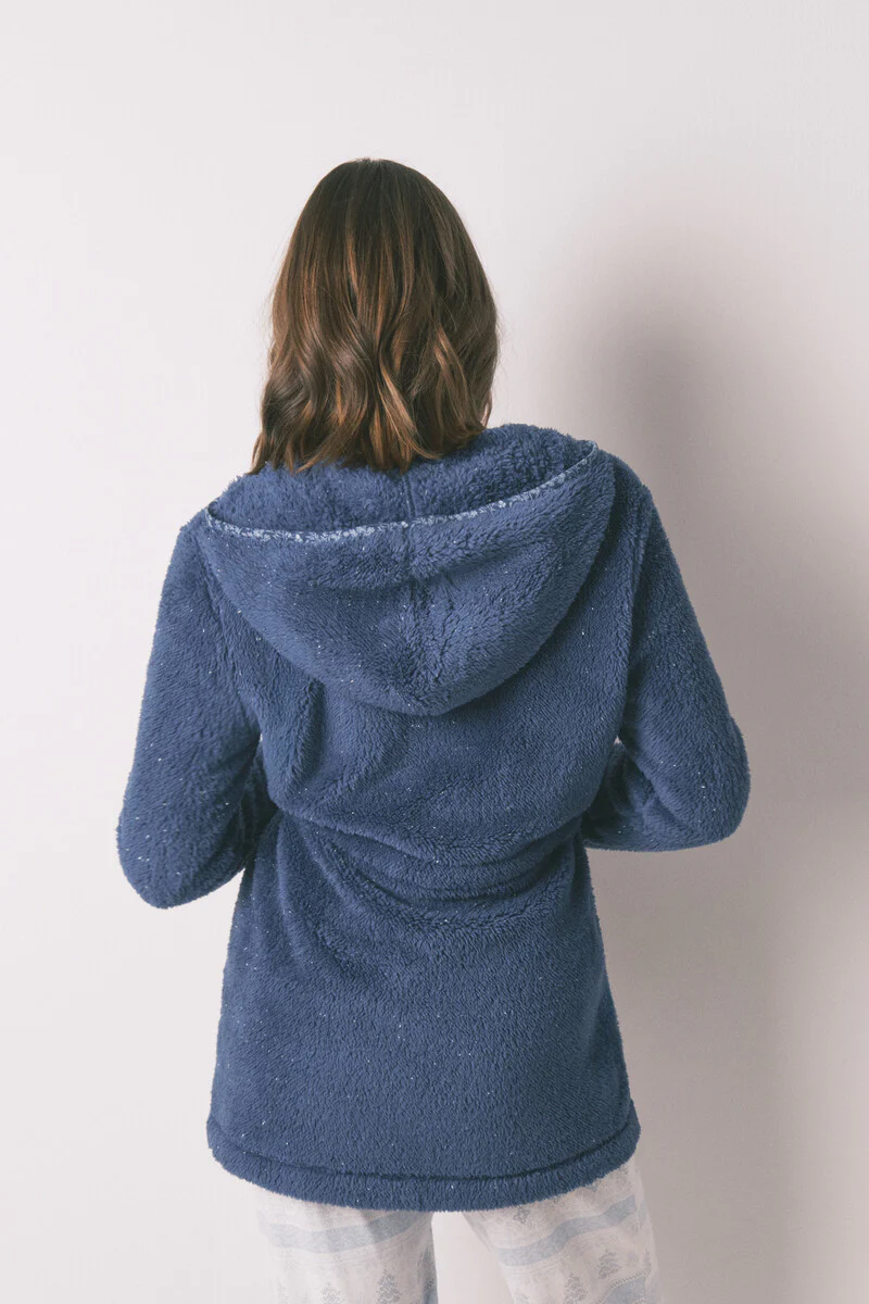 Blue lurex fleece hood midi robe - Image 4