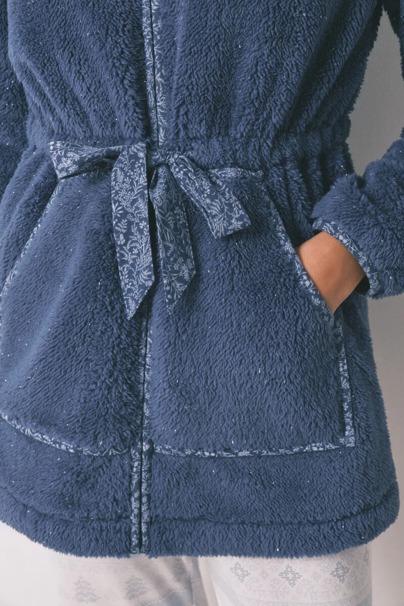 Blue lurex fleece hood midi robe - Image 5