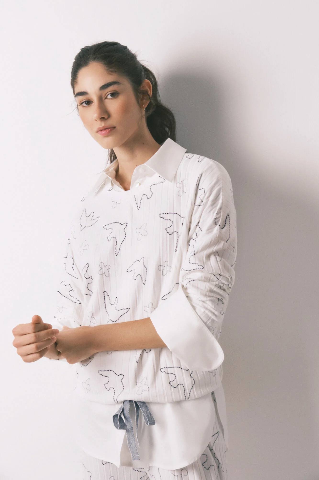 Blue ribbed bird print long pyjamas - Image 5