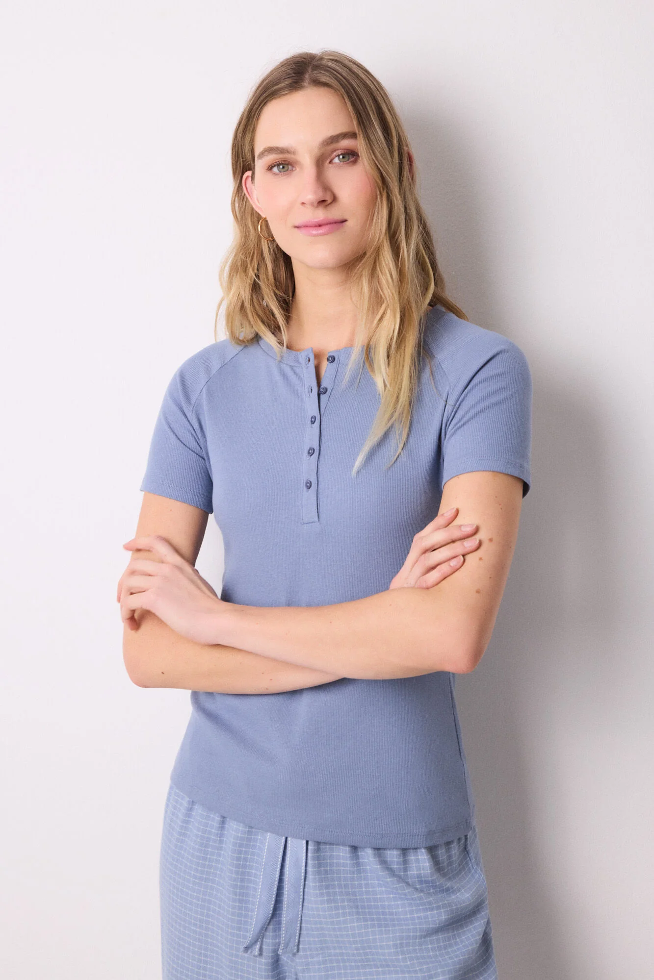 Blue ribbed short sleeve T-shirt