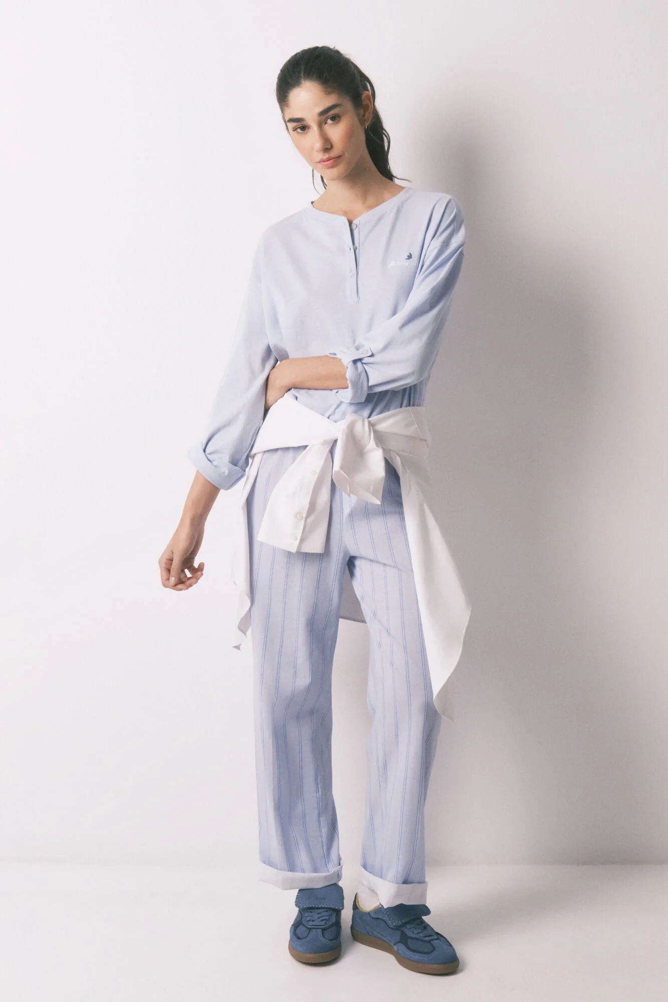 Blue striped 100% cotton long trousers