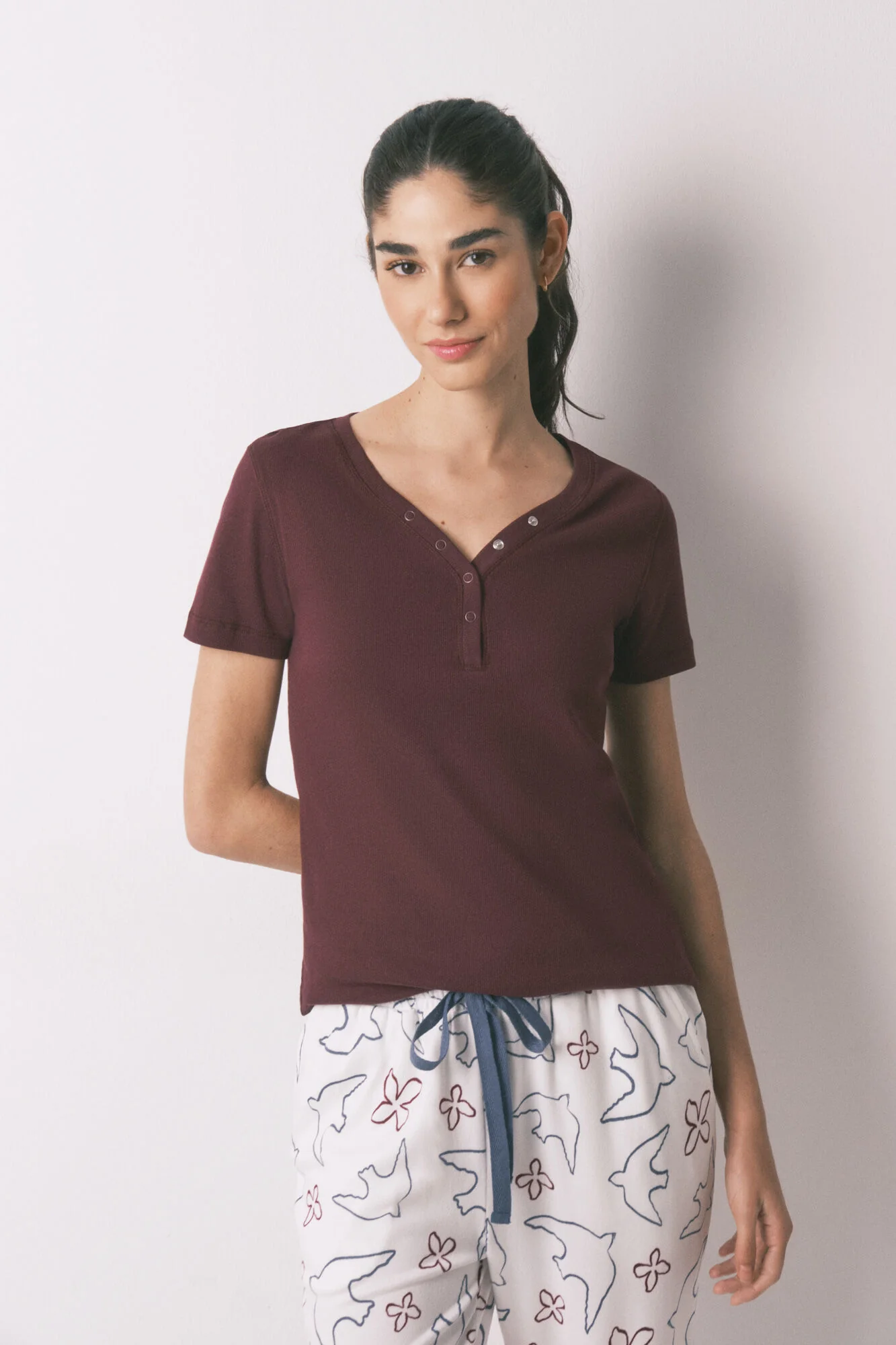 Burgundy ribbed cotton short sleeve T-shirt