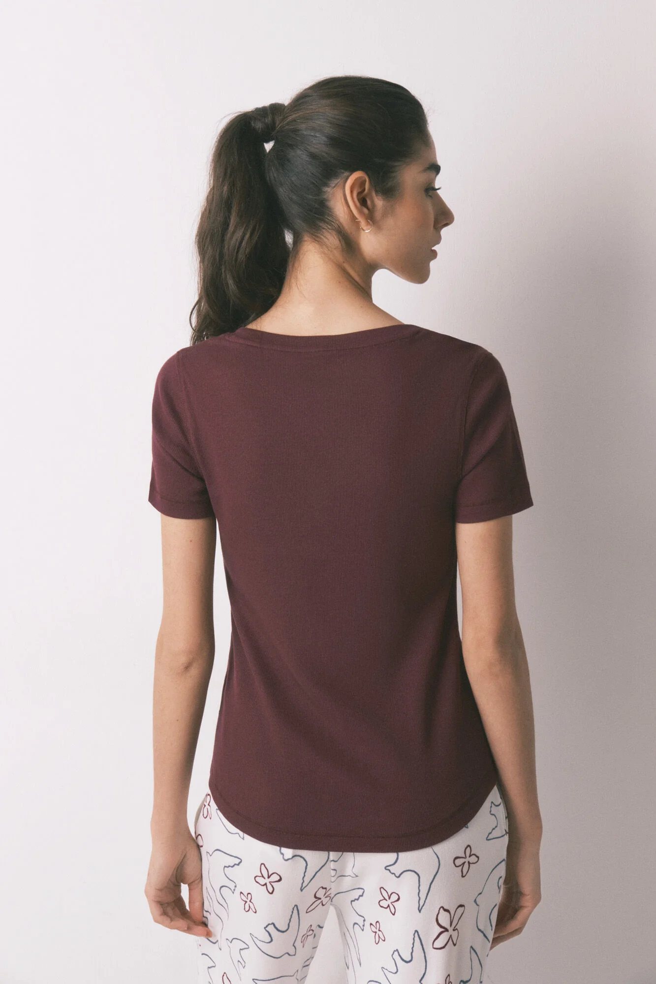 Burgundy ribbed cotton short sleeve T-shirt - Image 2