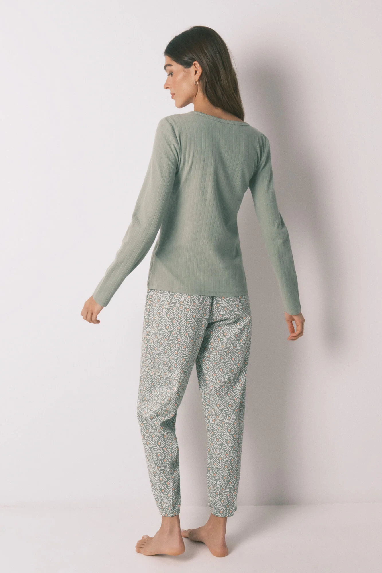 Green cotton floral print long pyjamas - Image 4