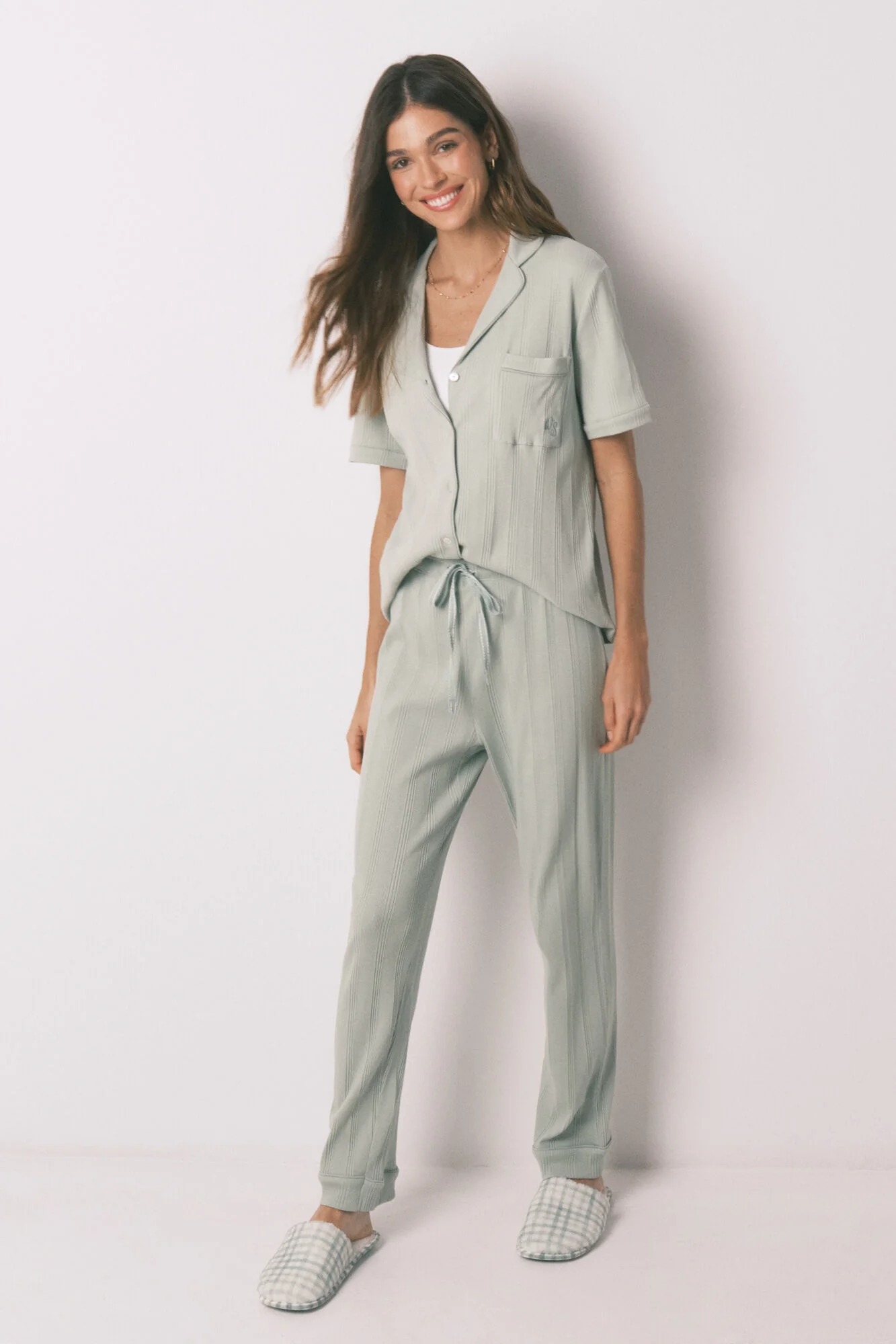 Green cotton ribbed classic pyjamas