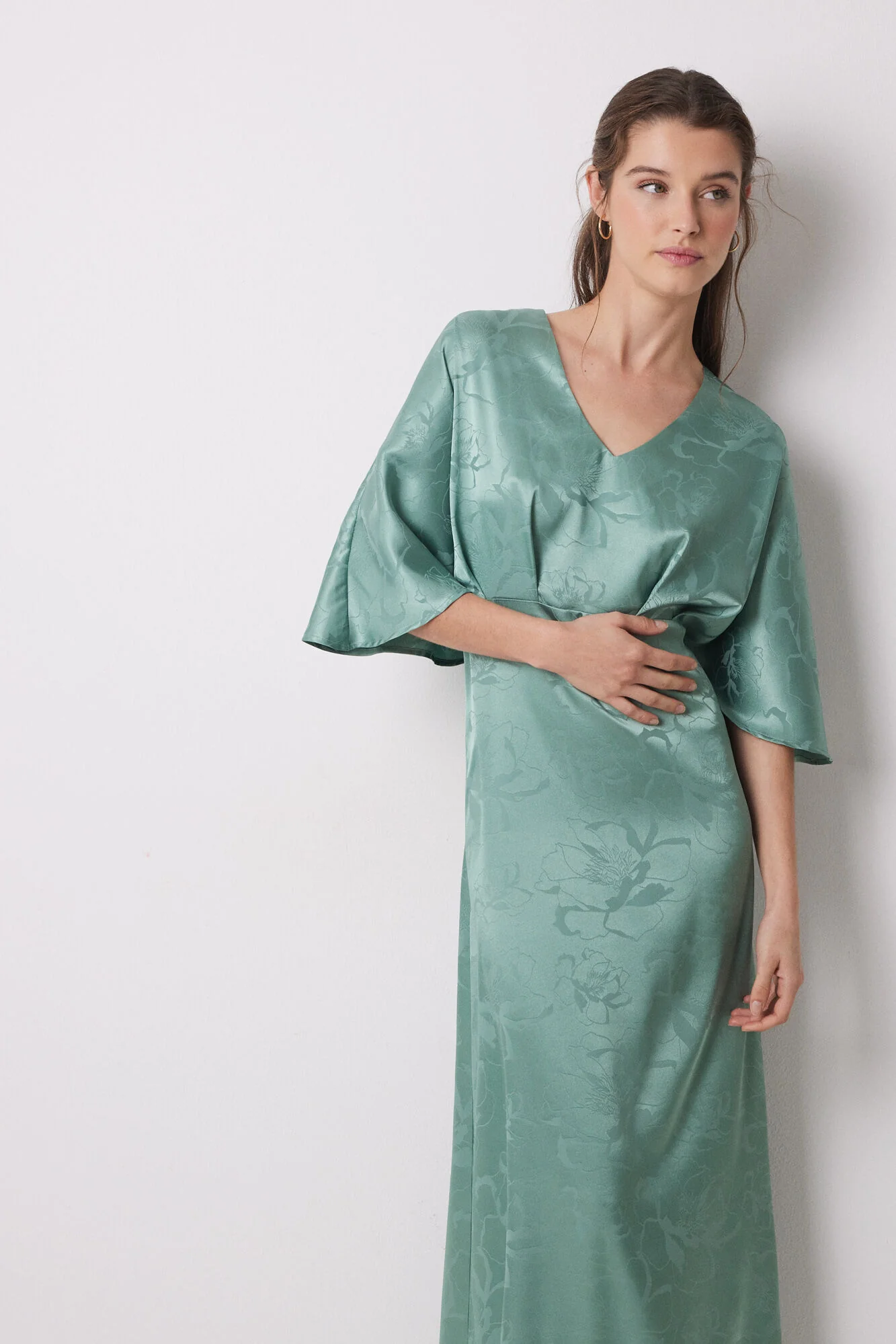 Green jacquard satin caftan dress - Image 3