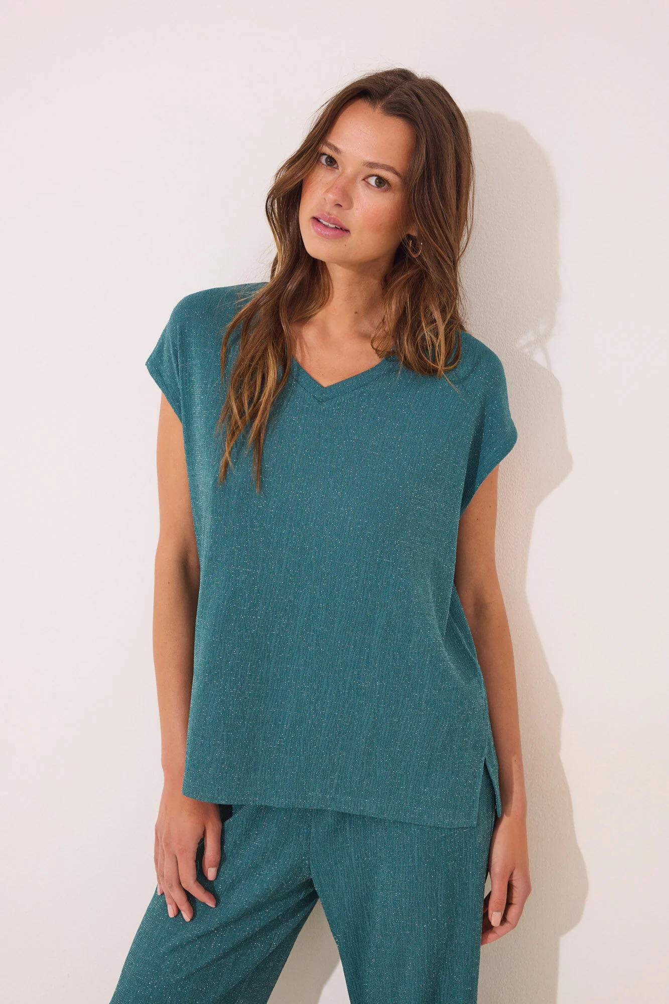 Green lurex t trouser and T-shirt set - Image 2