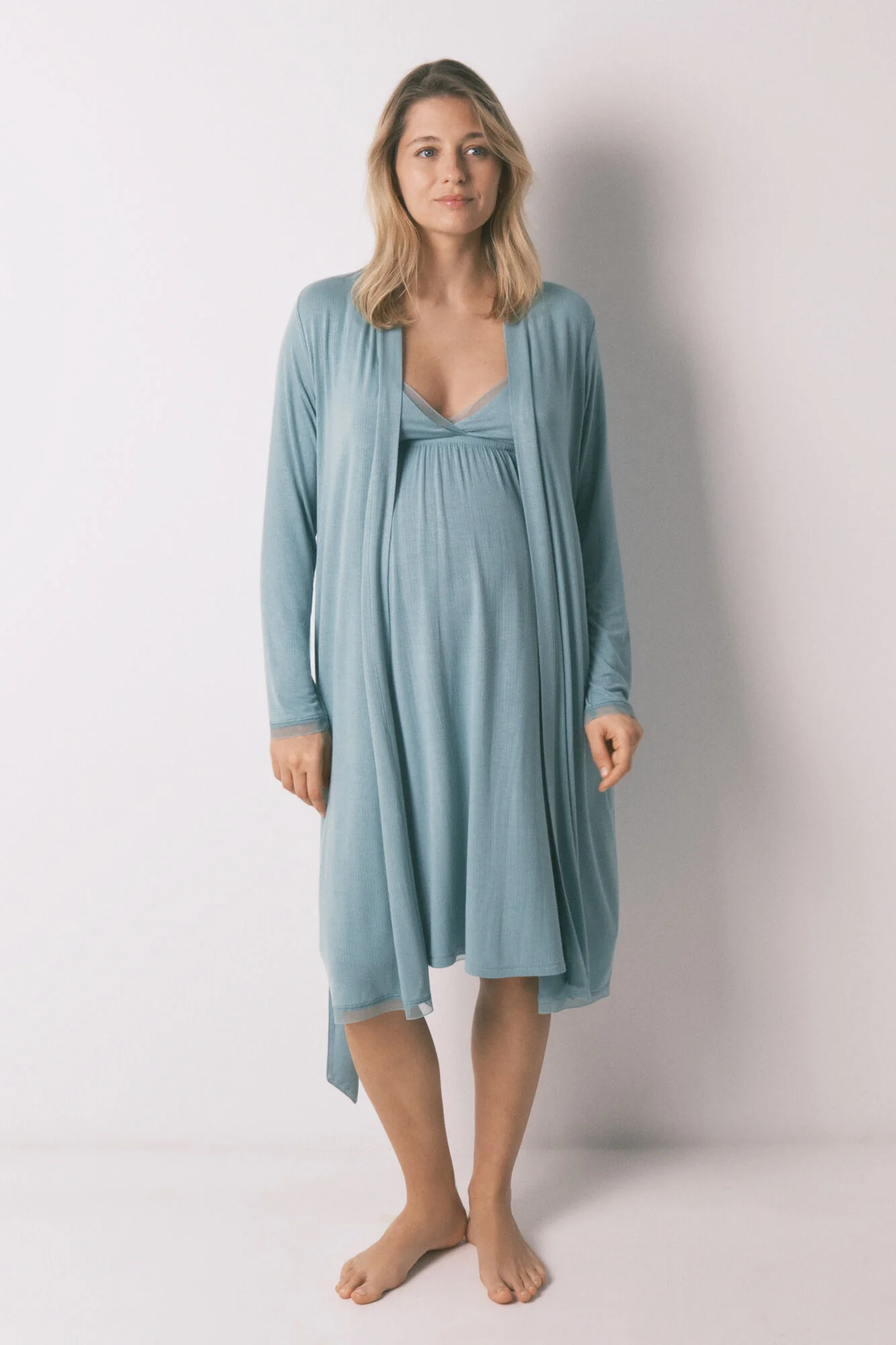 Green ribbed belt long robe maternity