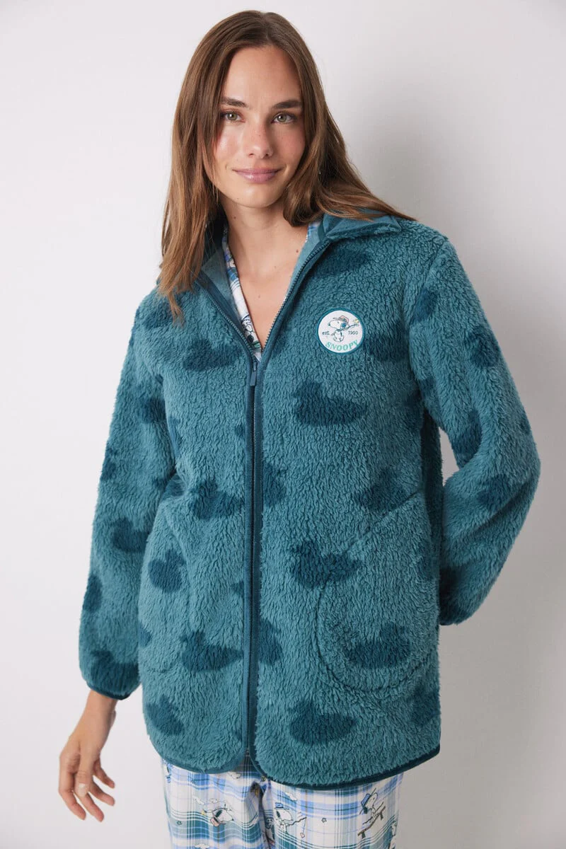 Short green faux shearling Snoopy robe