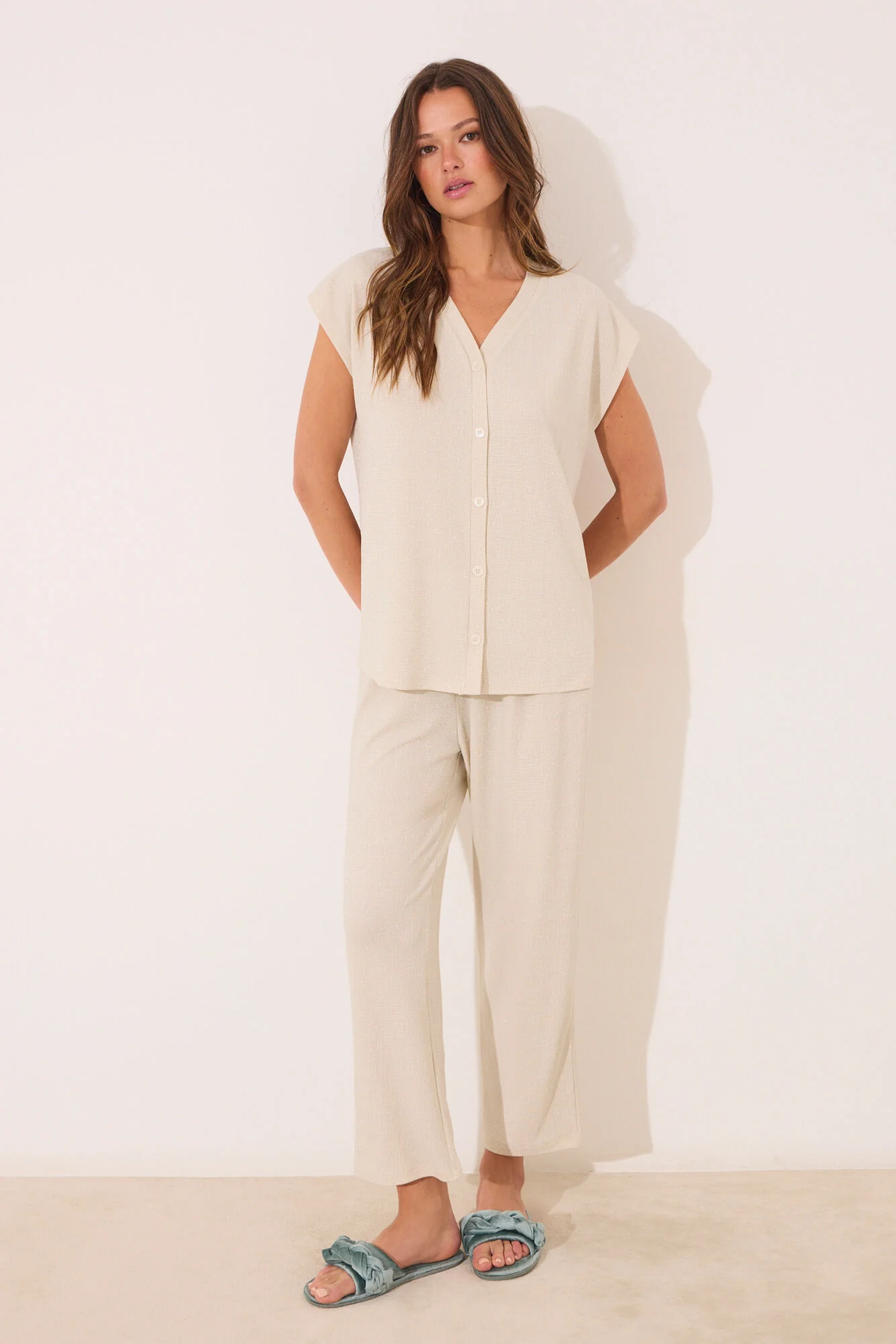Ivory lurex trouser and T-shirt set