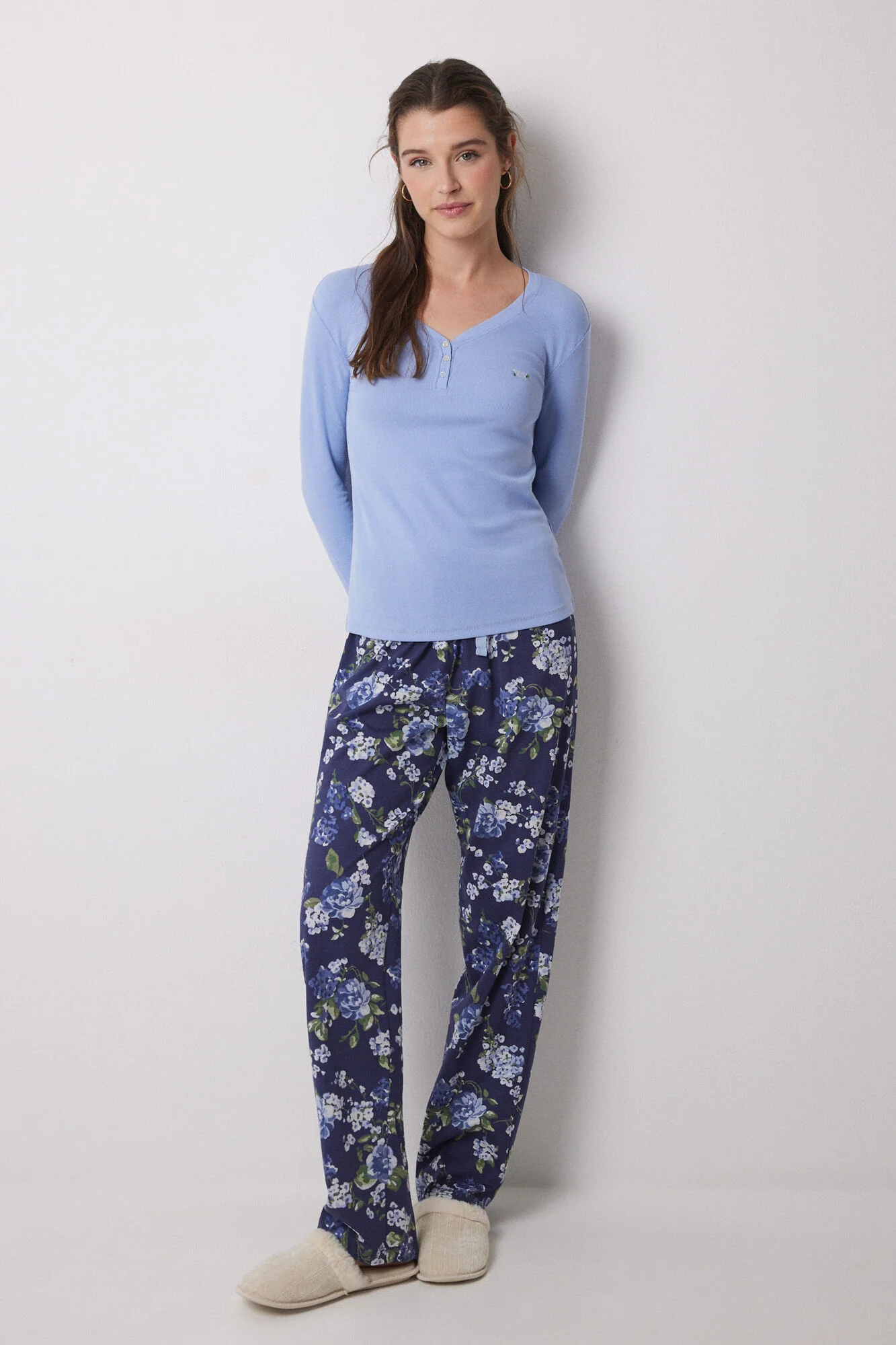 Lake pajamas 100% cotton ribbed blue flowers
