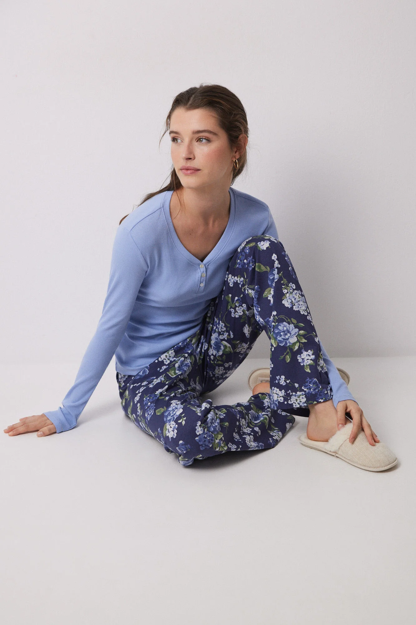 Lake pajamas 100% cotton ribbed blue flowers - Image 5