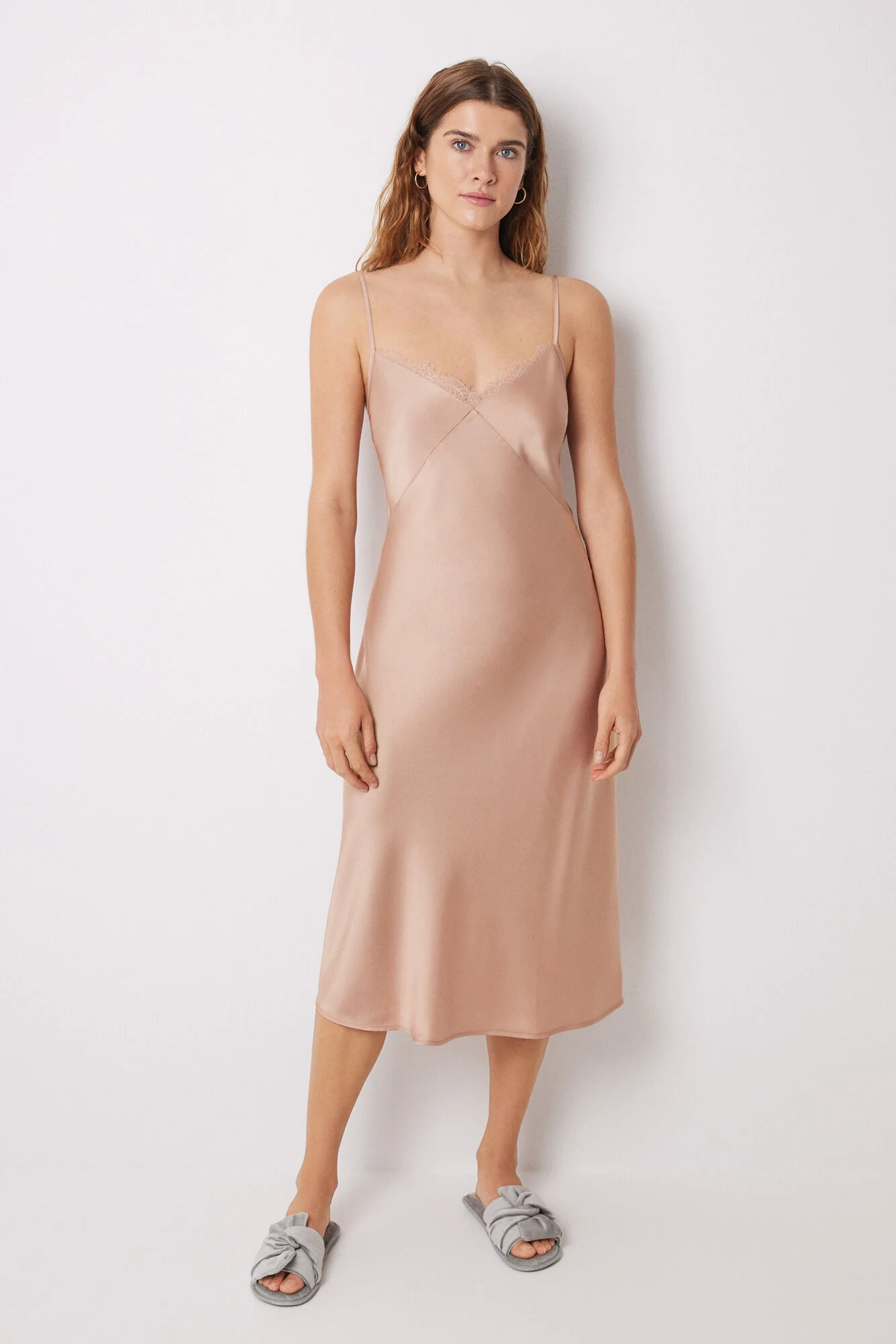 Nude satin and lace midi nightgown