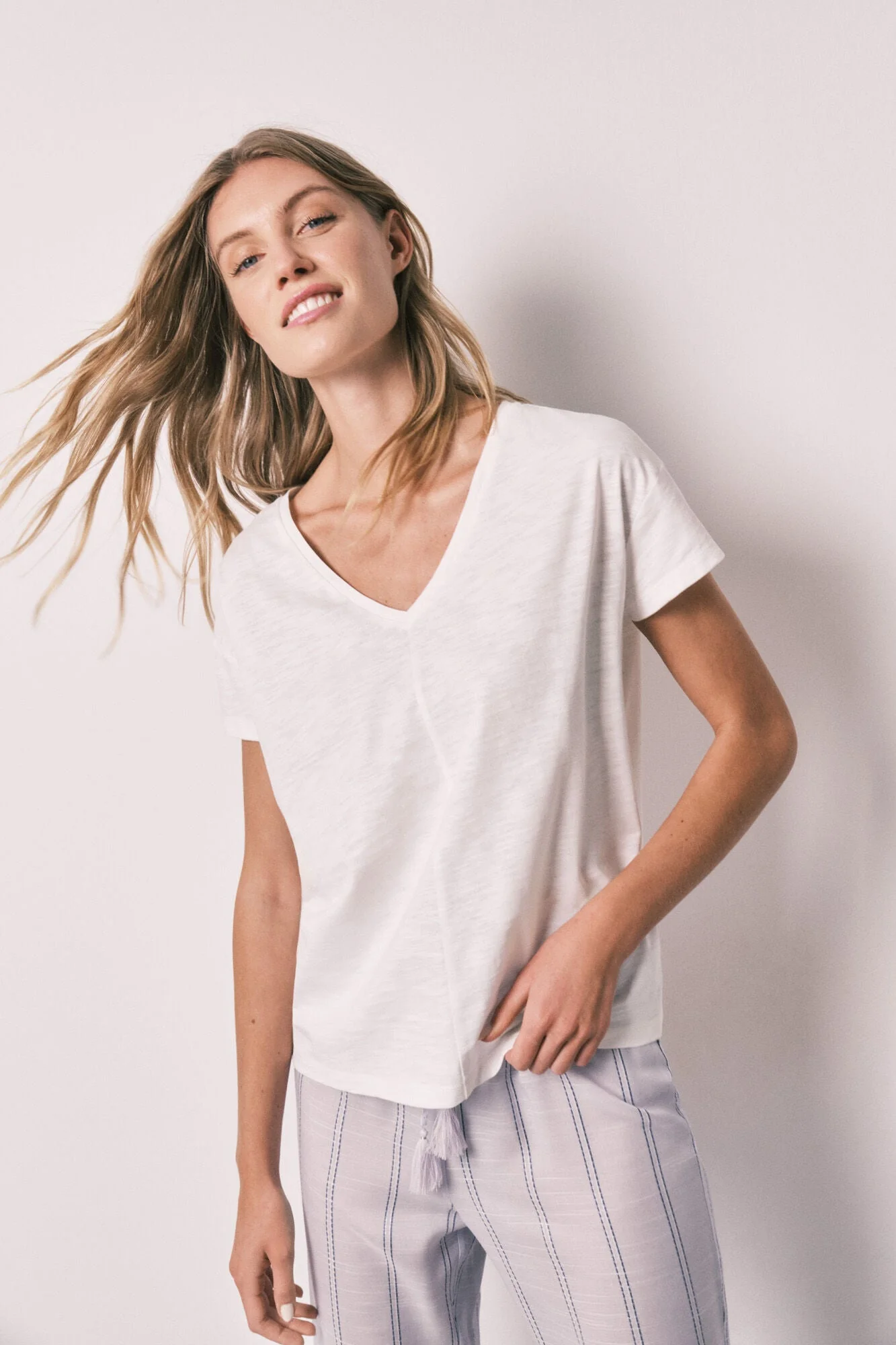 Lilac long pajamas with short sleeves, striped cotton
