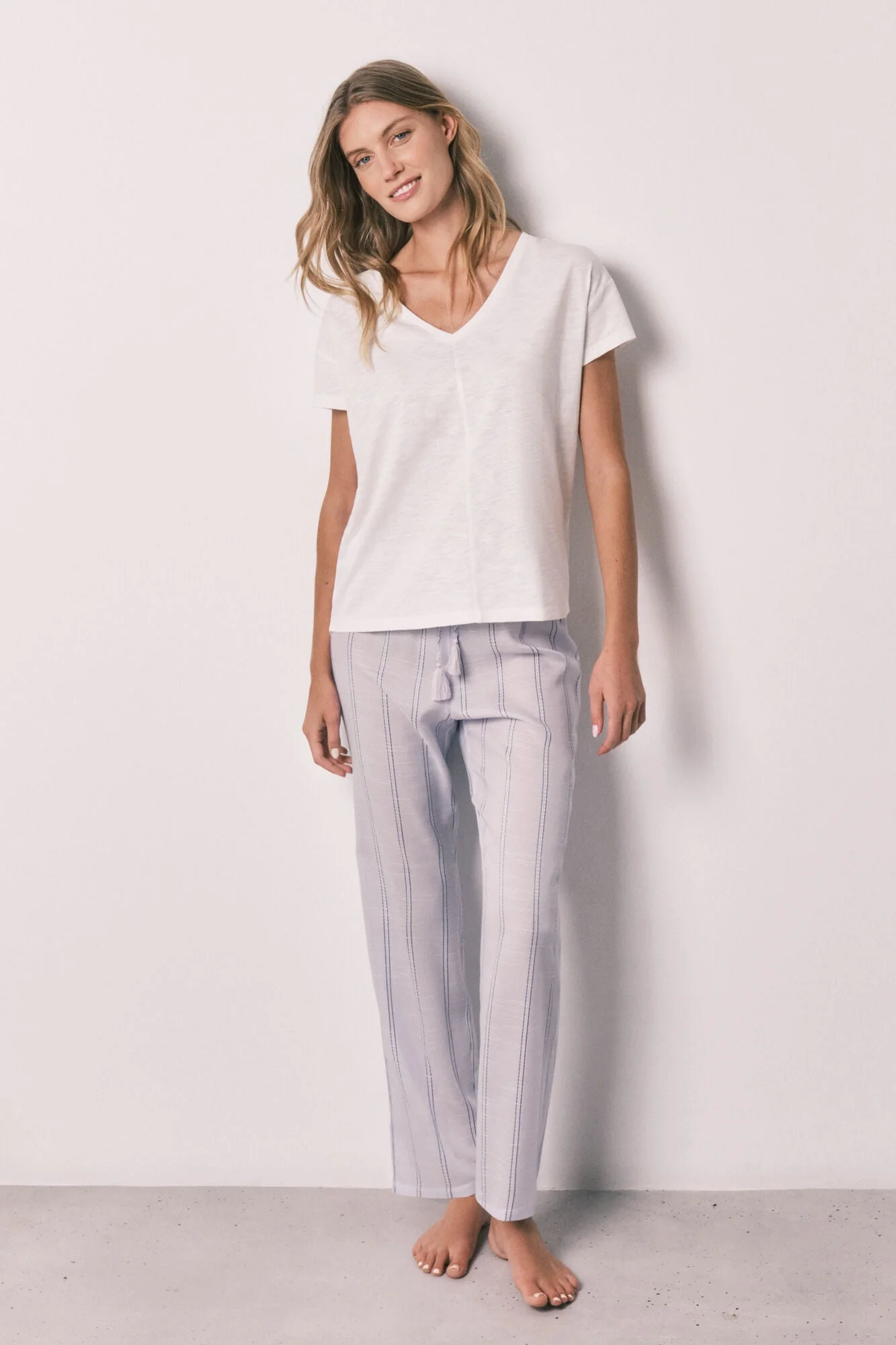 Lilac long pajamas with short sleeves, striped cotton - Image 2