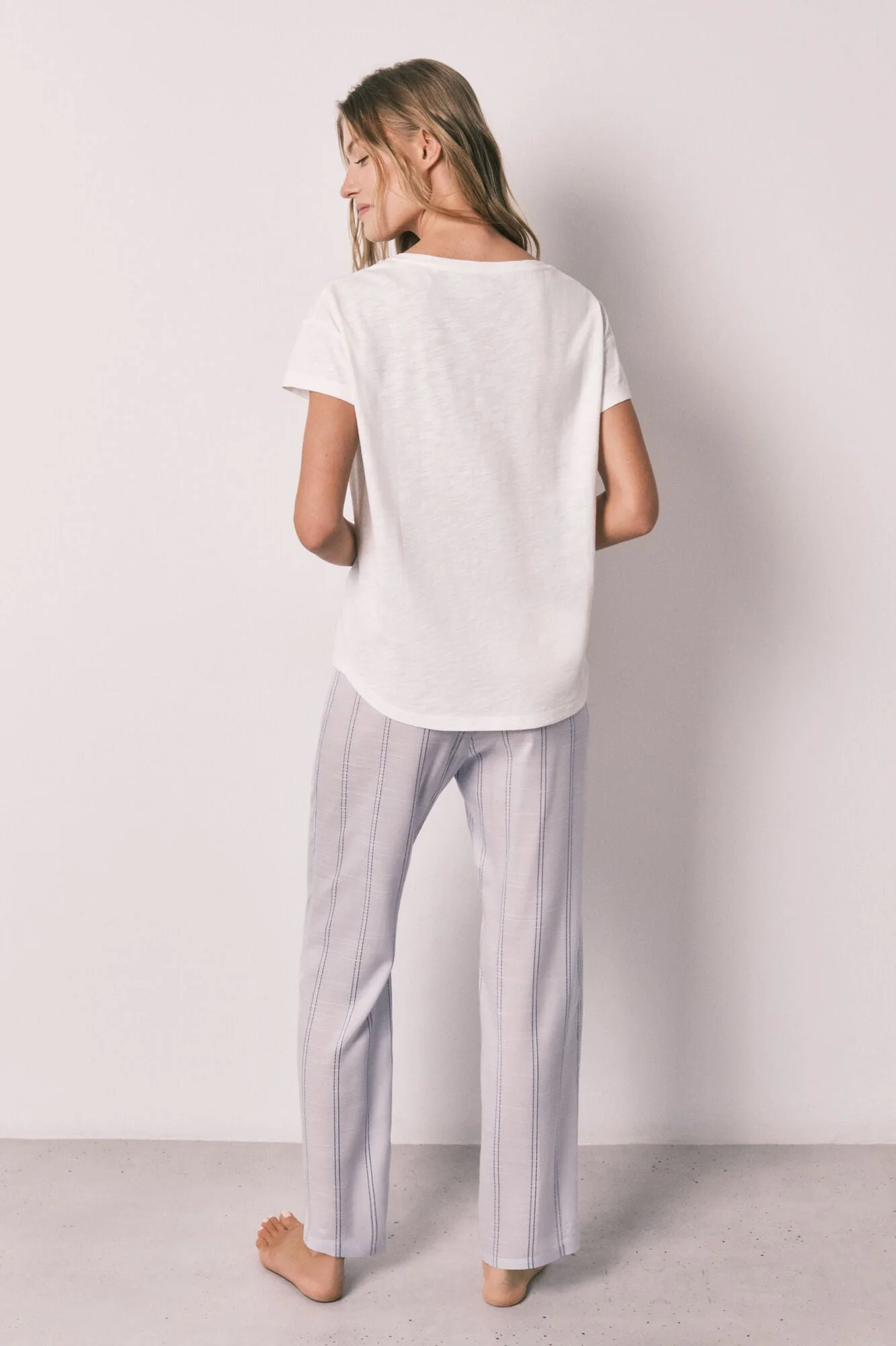 Lilac long pajamas with short sleeves, striped cotton - Image 5