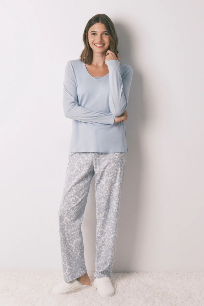 Long 100% cotton blue floral print pyjamas