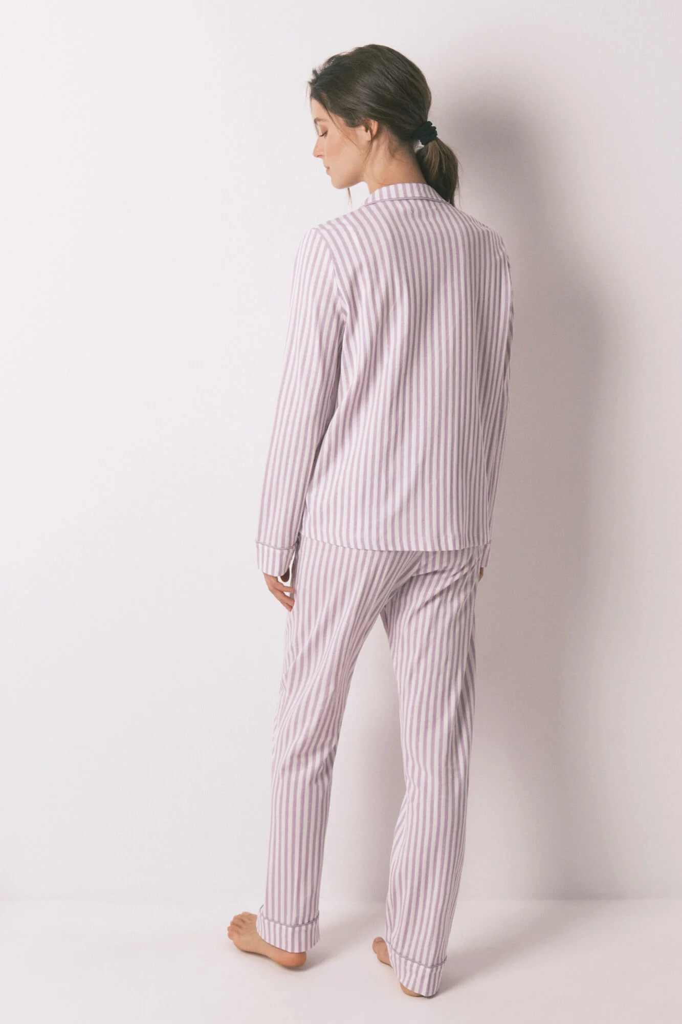 Long 100% cotton classic pyjamas with lilac striped - Image 2