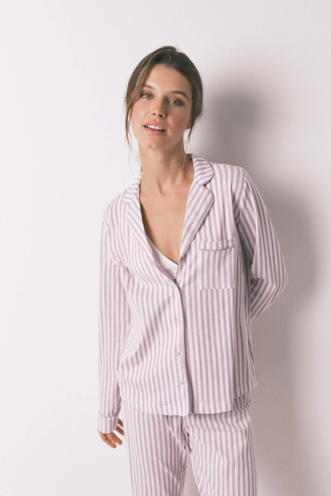 Long 100% cotton classic pyjamas with lilac striped - Image 6