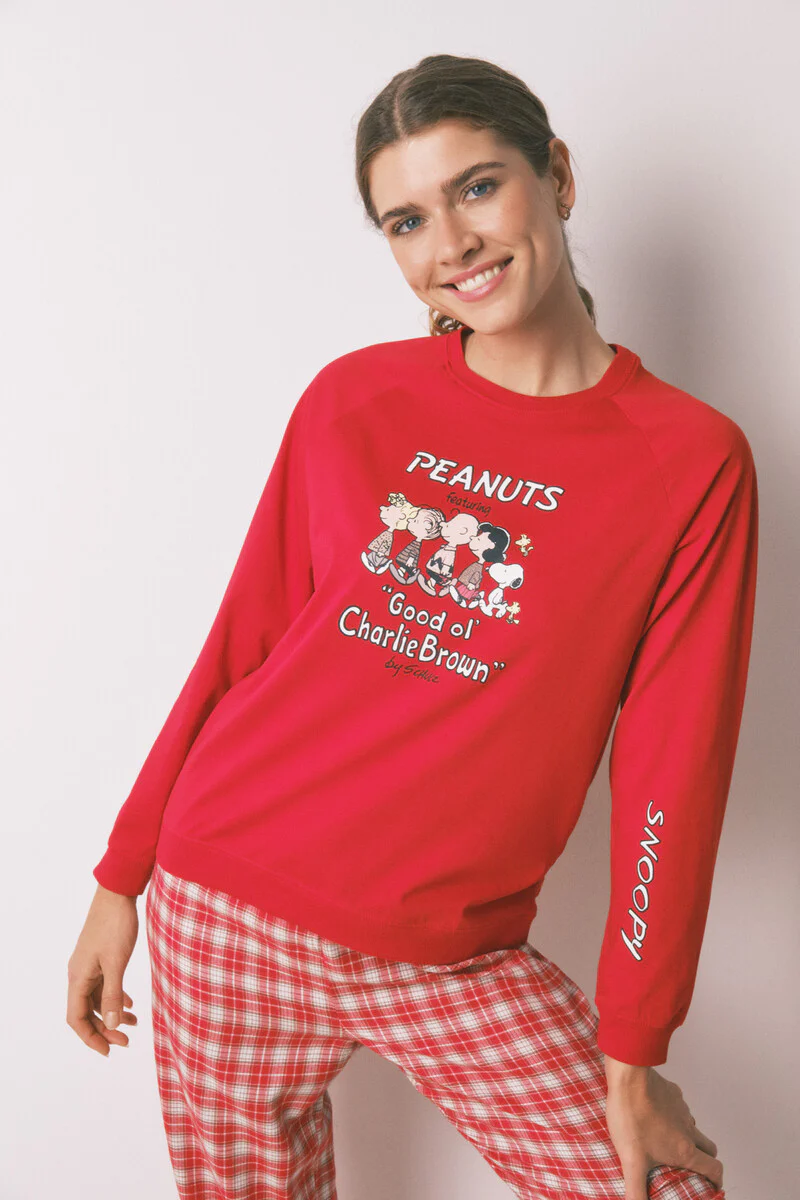 Long 100% cotton printed red check pajamas Snoopy - Image 2