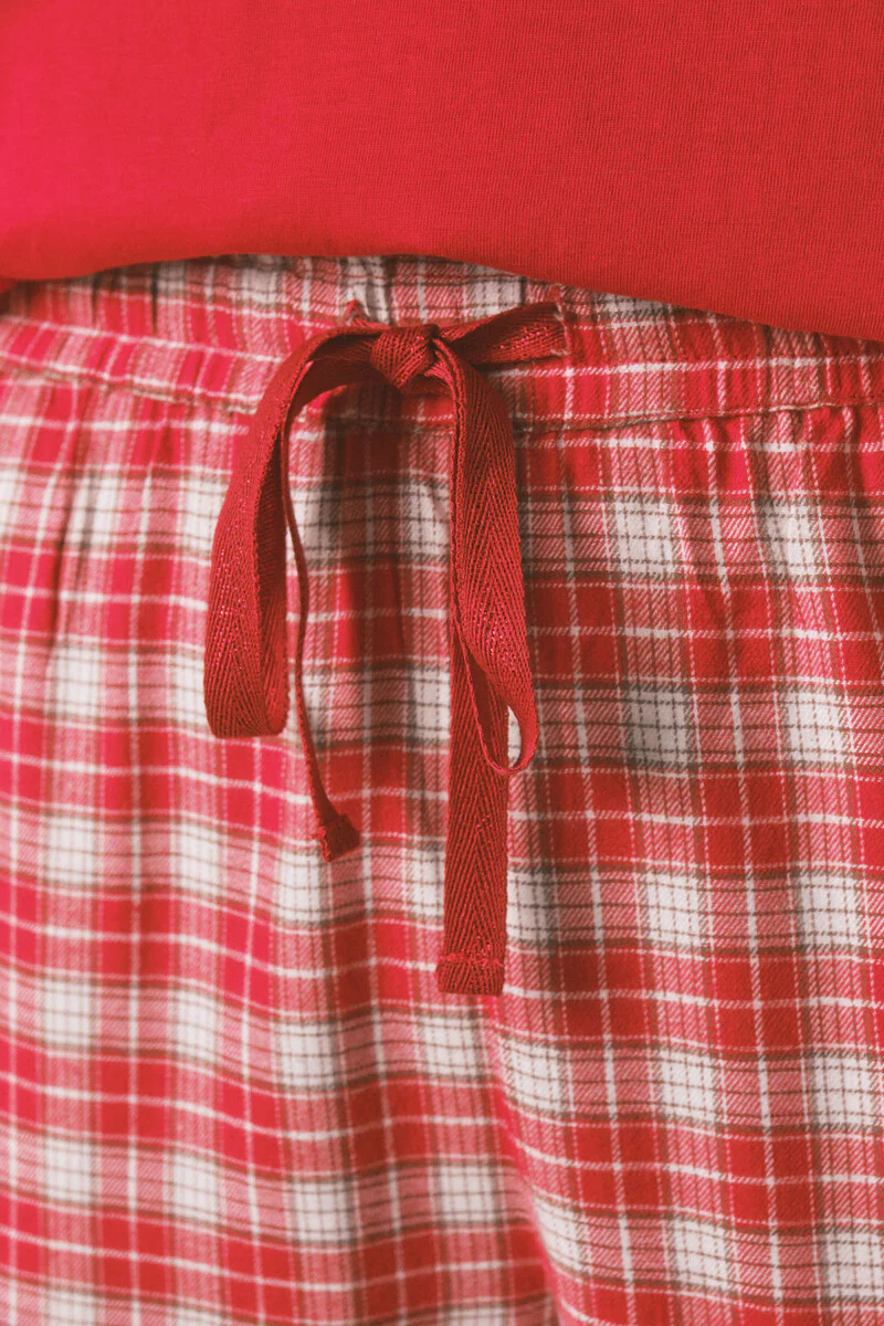 Long 100% cotton printed red check pajamas Snoopy - Image 3