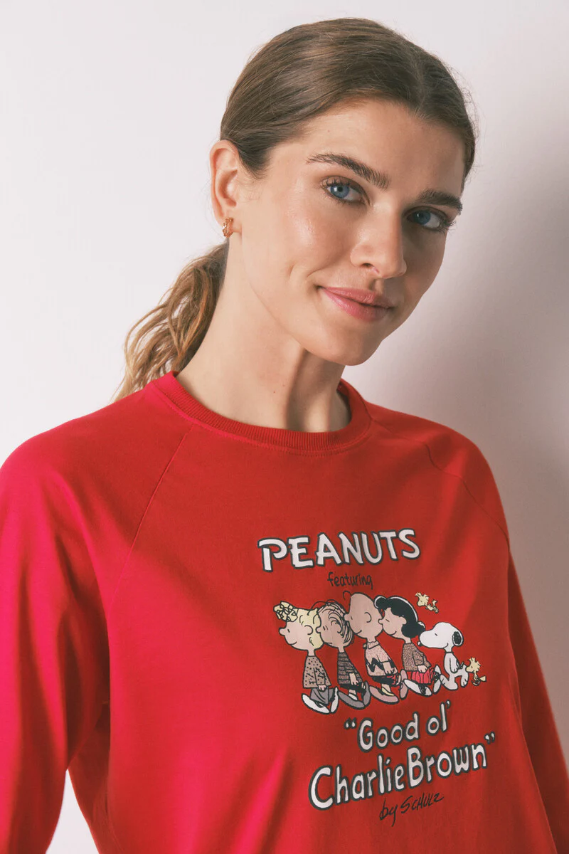Long 100% cotton printed red check pajamas Snoopy - Image 4