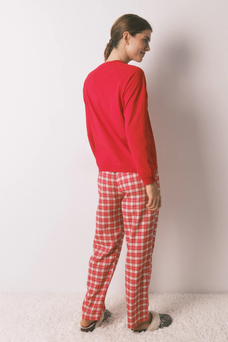 Long 100% cotton printed red check pajamas Snoopy - Image 5