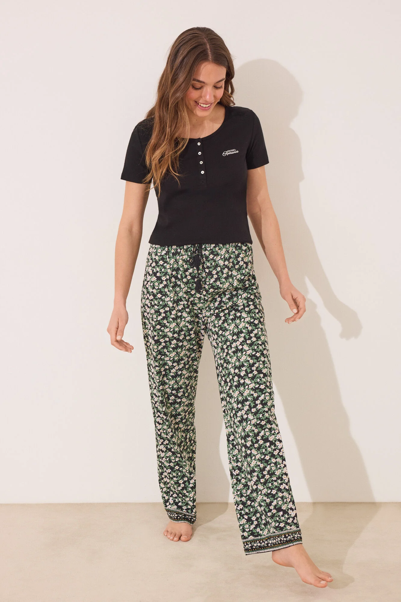 Long black ribbed cotton pajamas