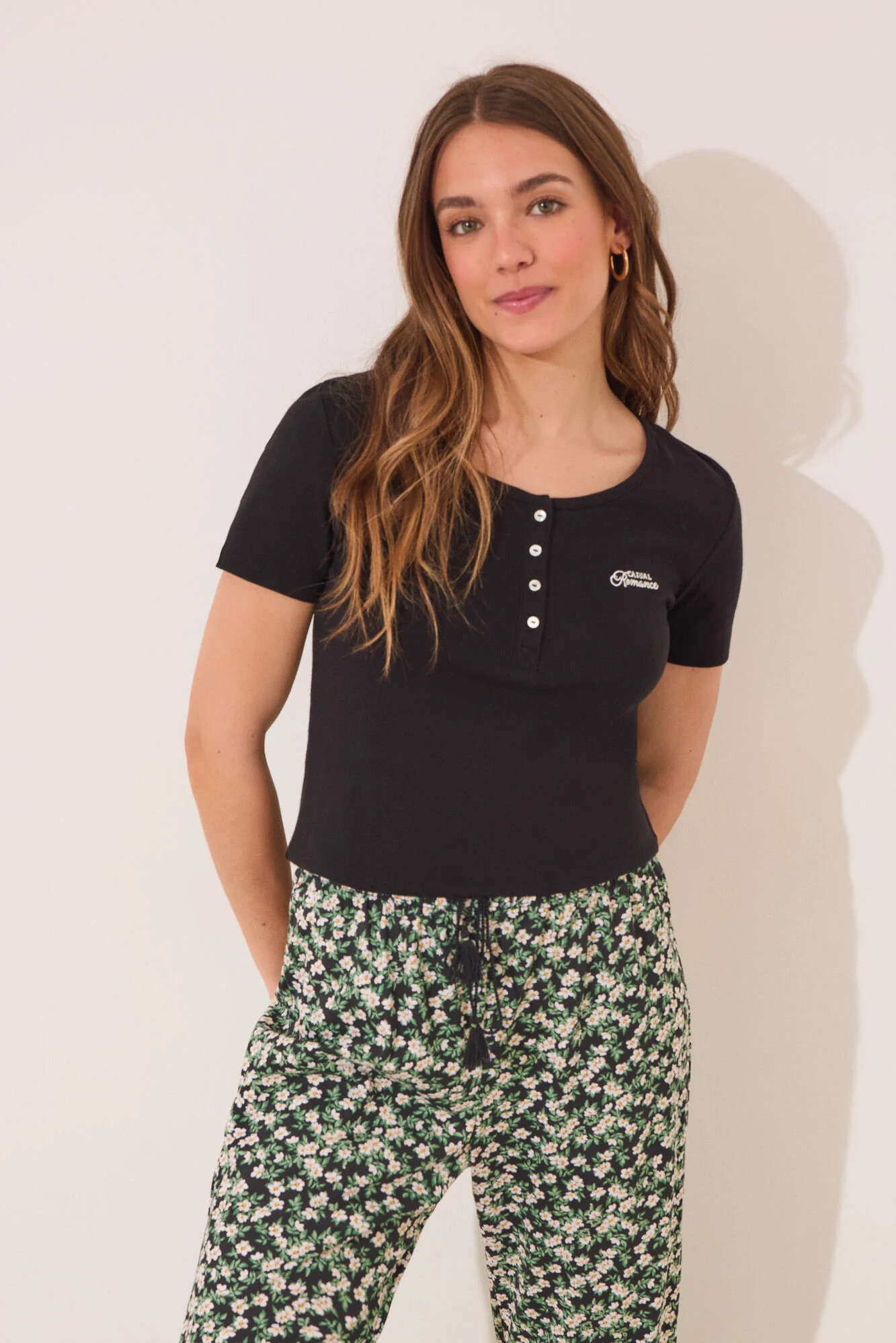 Long black ribbed cotton pajamas - Image 2