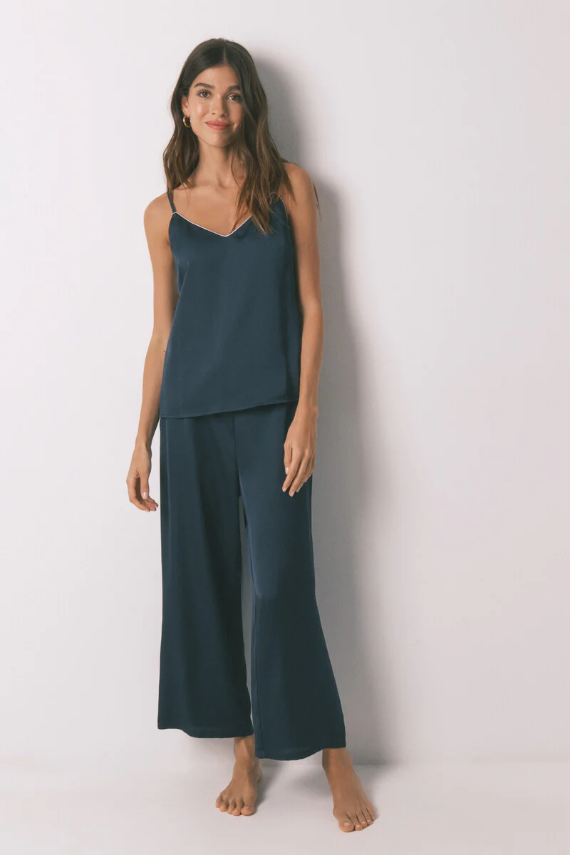 Long blue satin pajamas