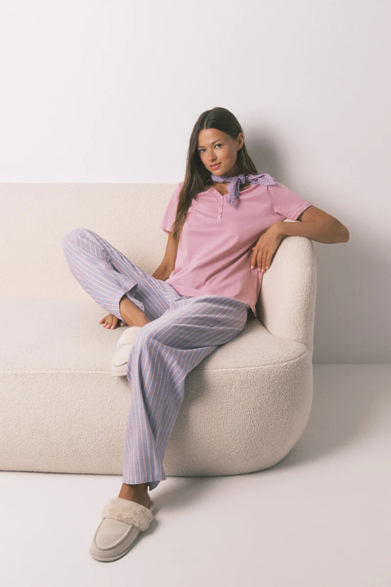 Long flannel trouser with multicoloured striped print