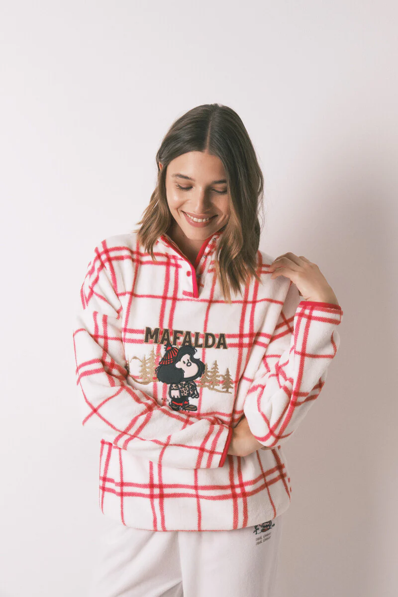Long fleece pajamas white checks Mafalda - Image 4