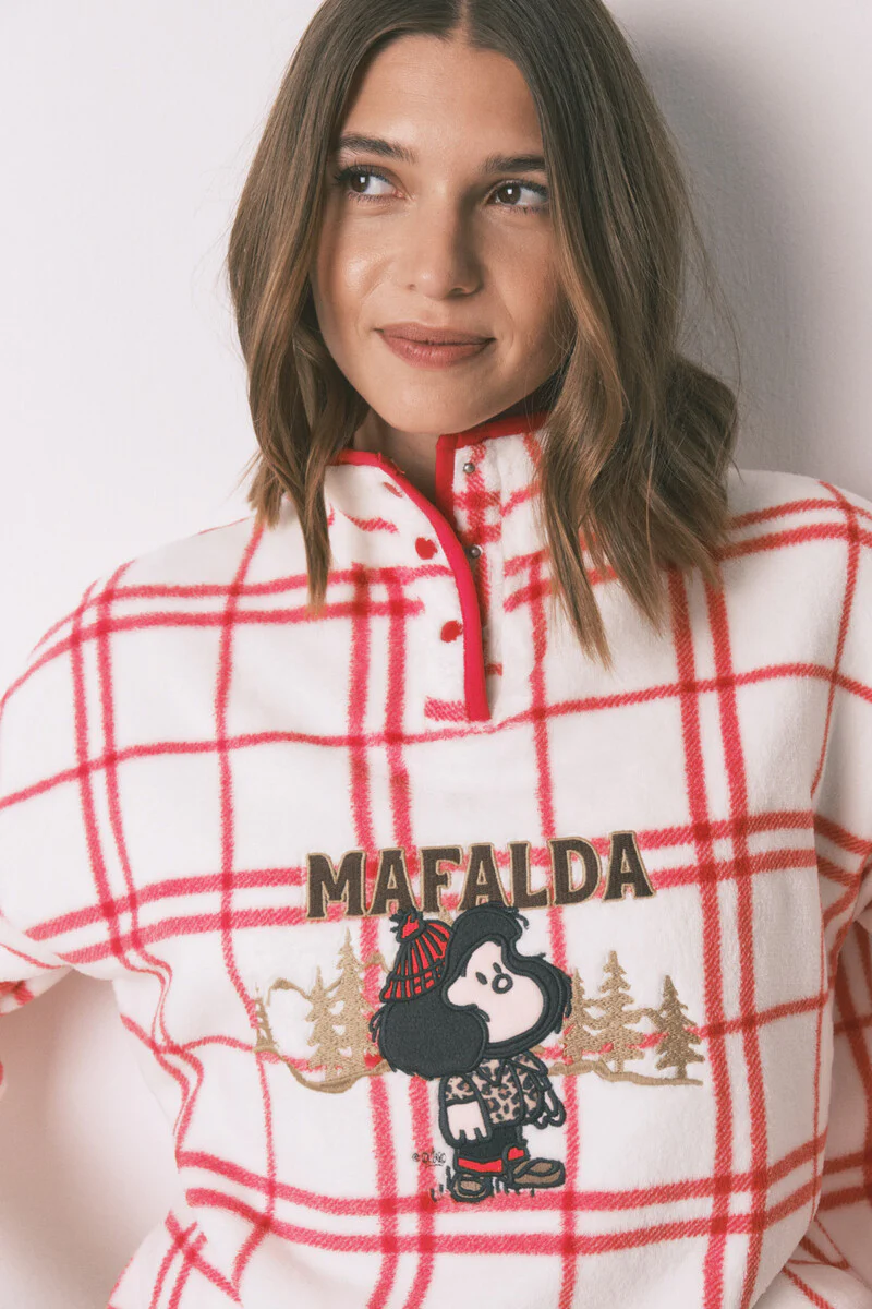 Long fleece pajamas white checks Mafalda - Image 5